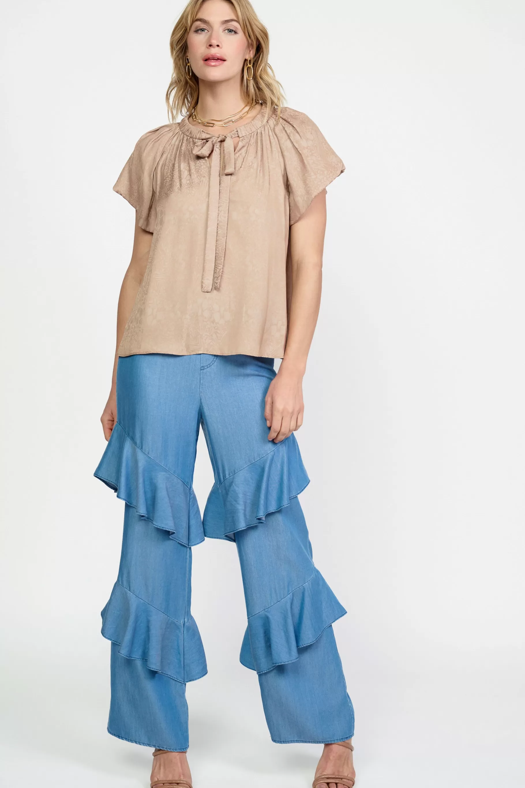 Current Air Short Sleeve Tops>Abstract Jacquard Tieneck Blouse SANDYTAUPE