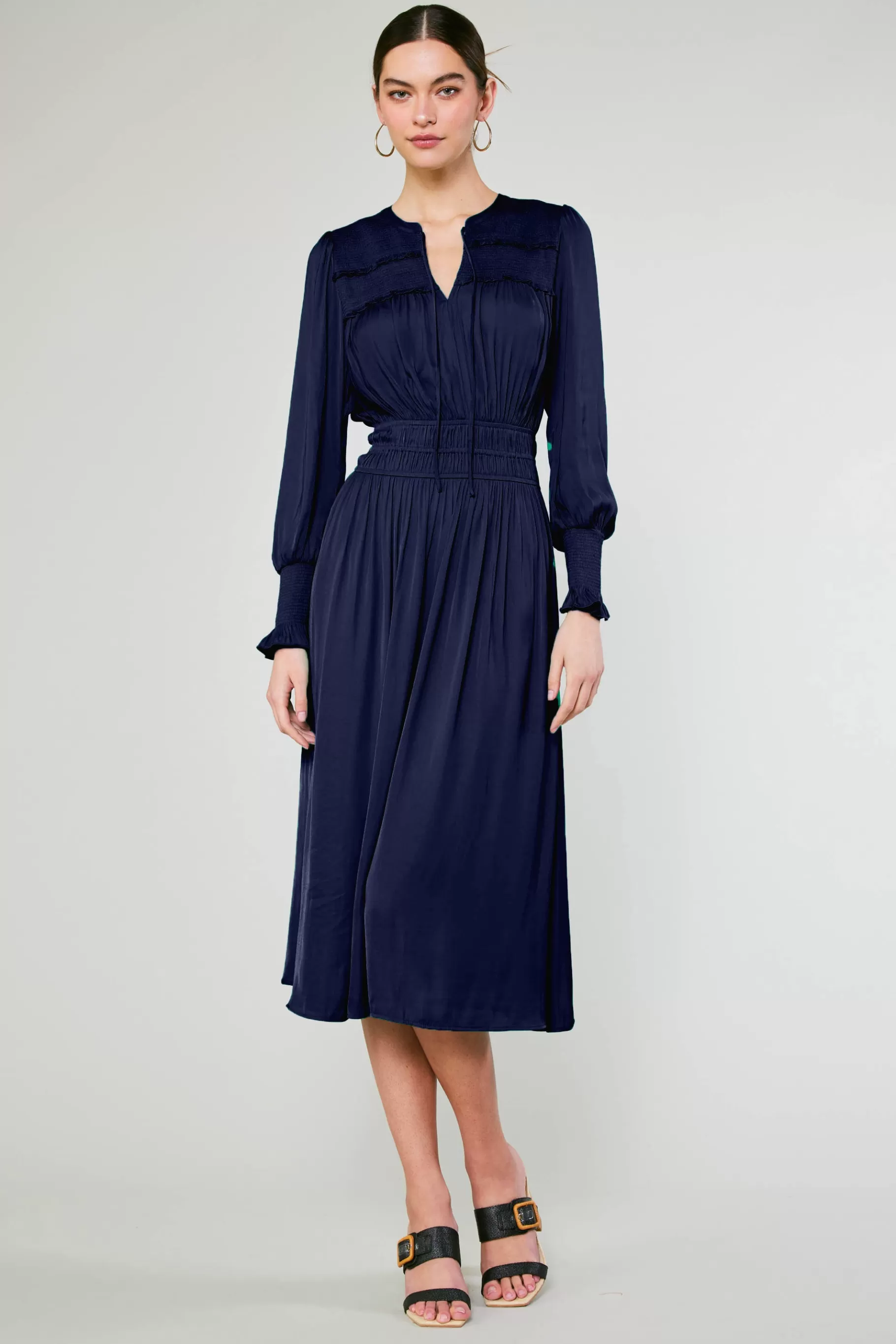Current Air Midi Dresses>Aida Smocked Midi Dress DARKNAVY