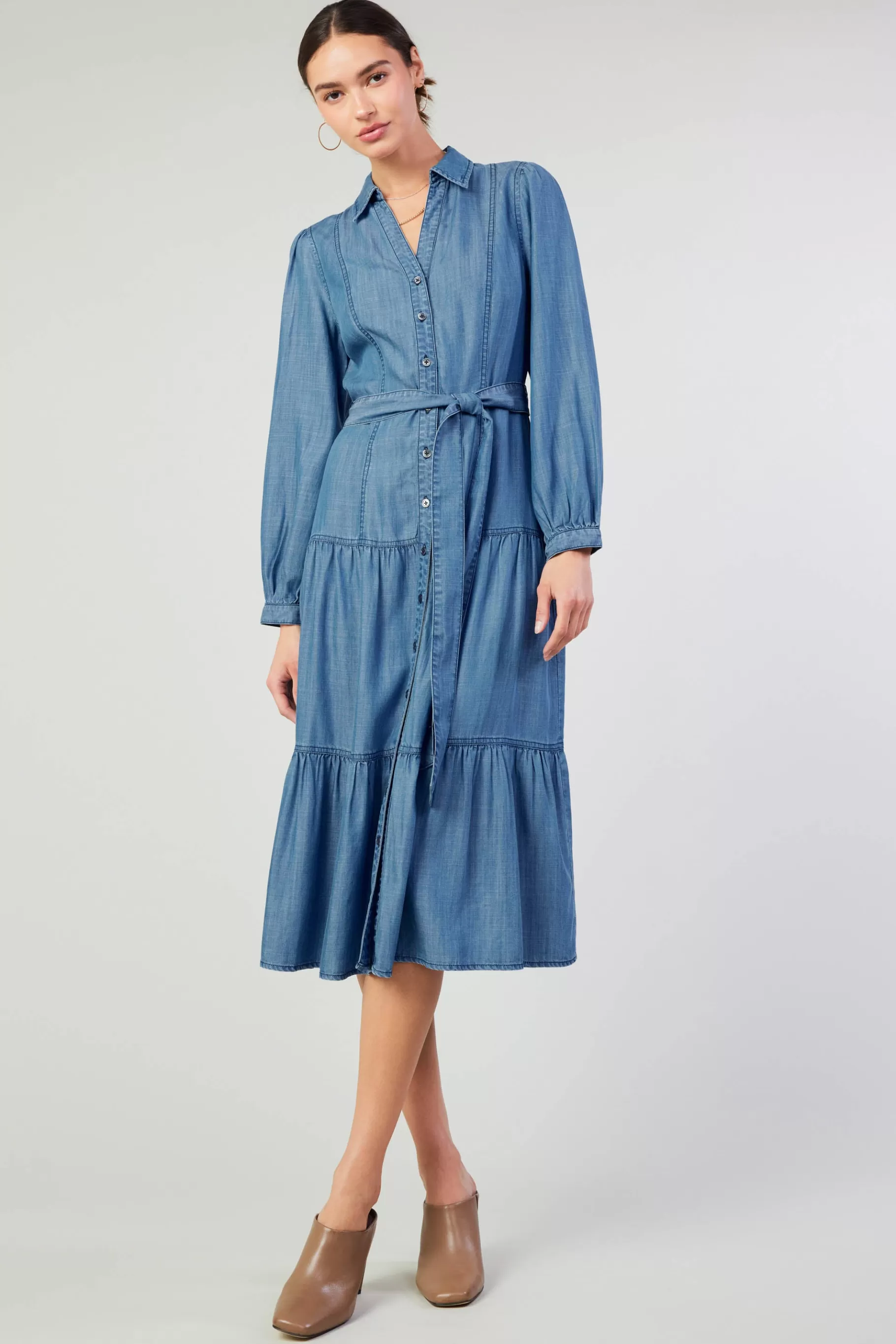 Current Air Midi Dresses>Belted Collar Shirt Dress CHAMBRAY