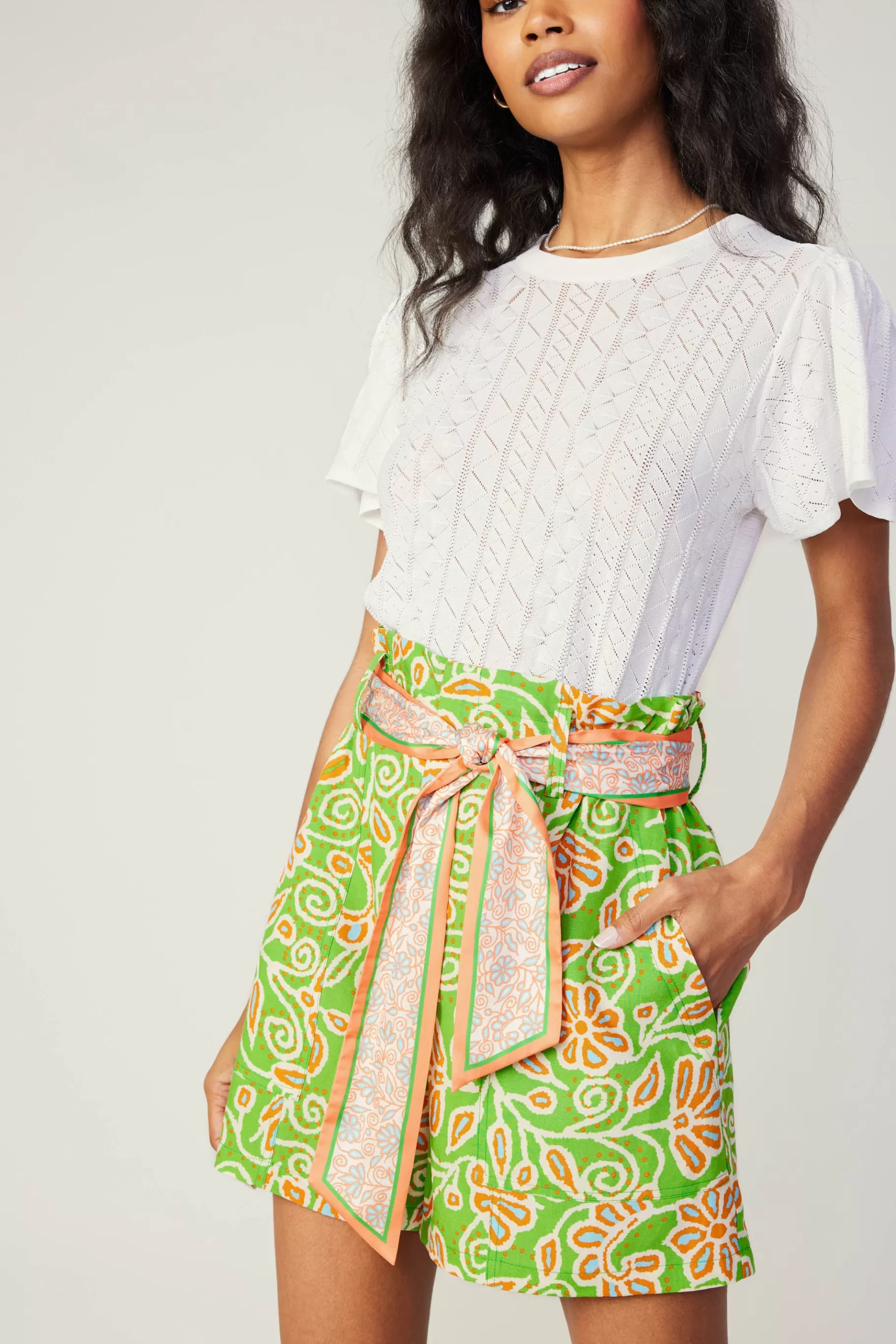 Current Air Shorts>Belted Floral Patterned Shorts GREENORANGEMLT