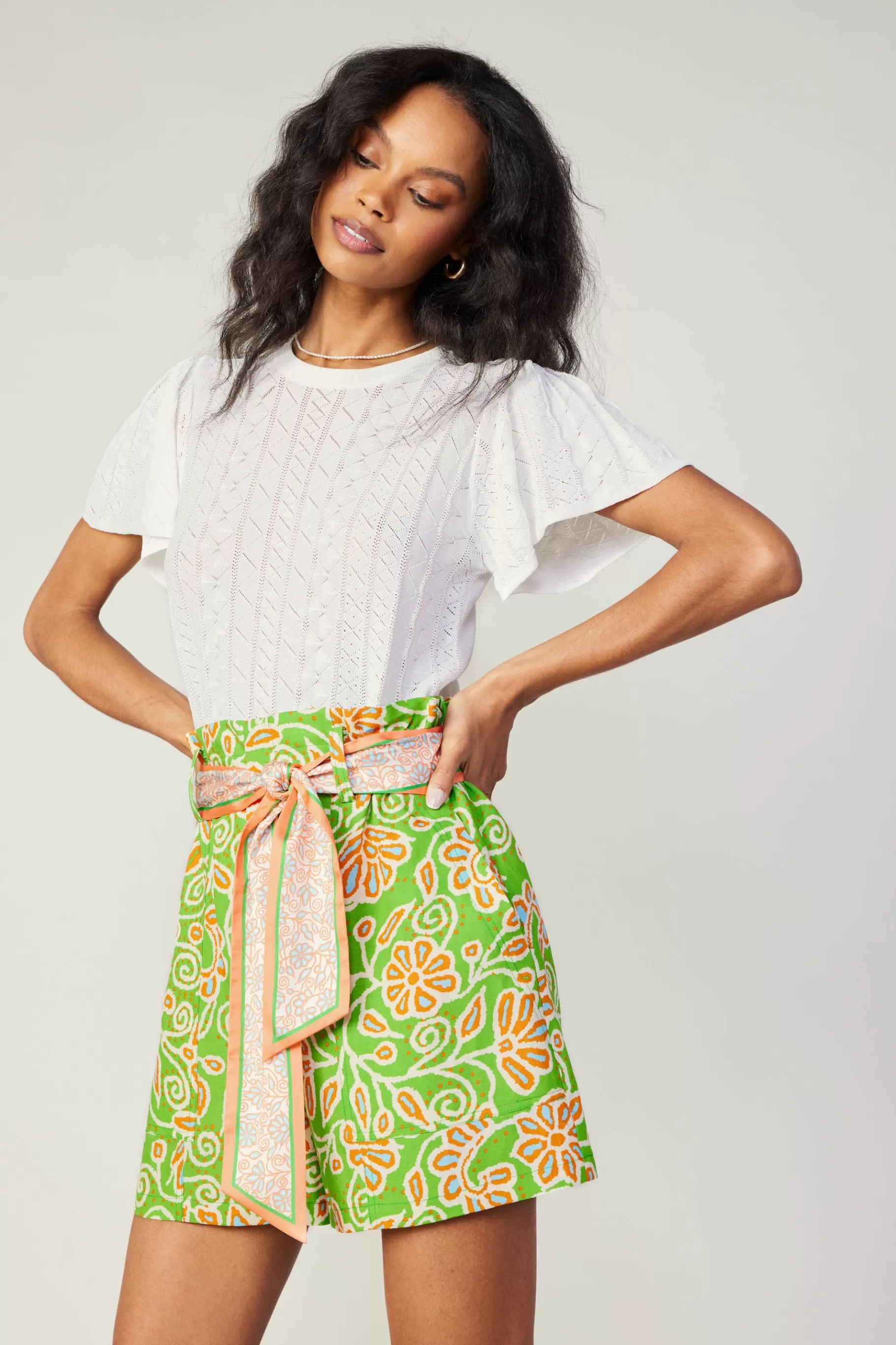 Current Air Shorts>Belted Floral Patterned Shorts GREENORANGEMLT