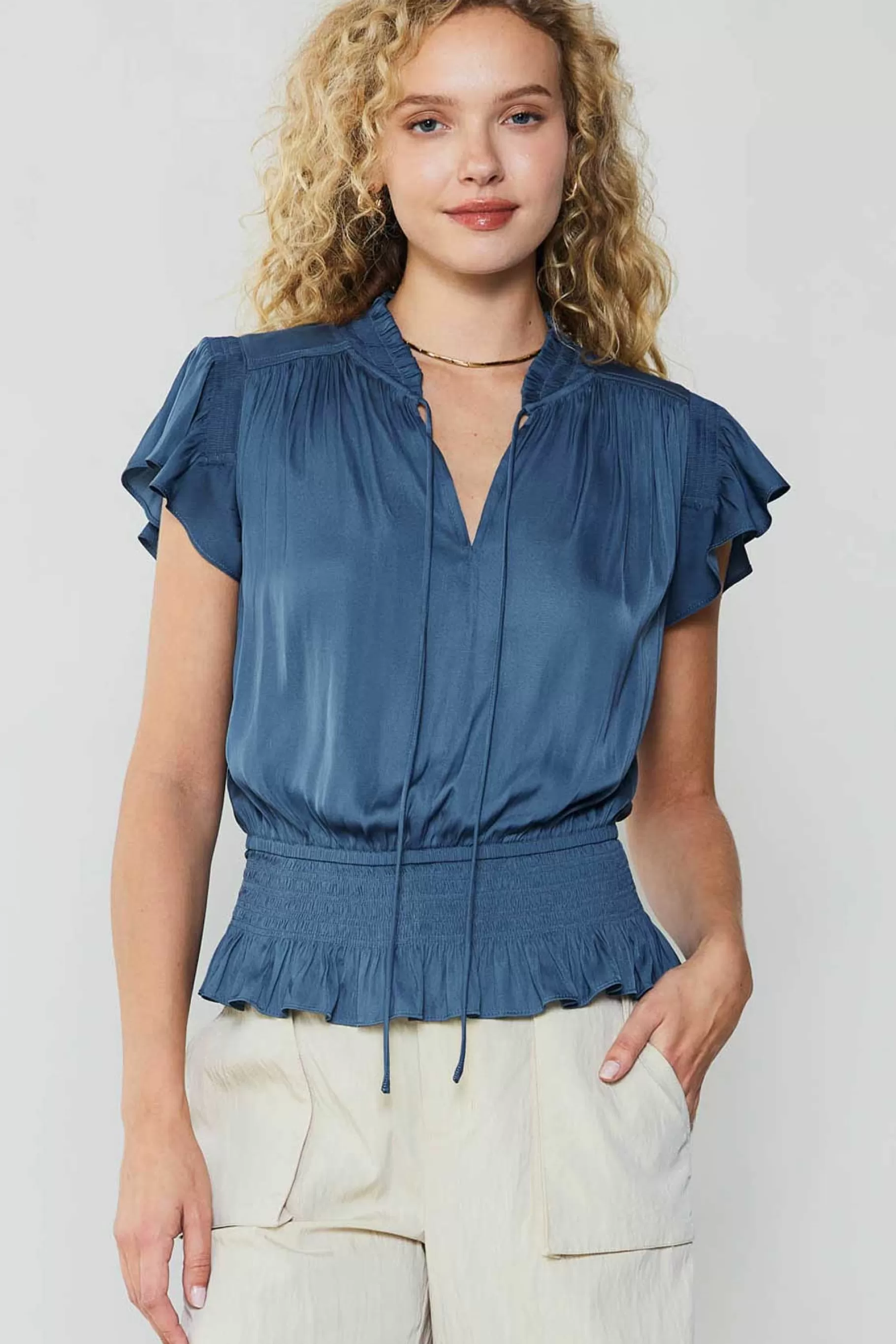 Current Air Short Sleeve Tops>Blair Smocked Top DARKDUSTYBLUE