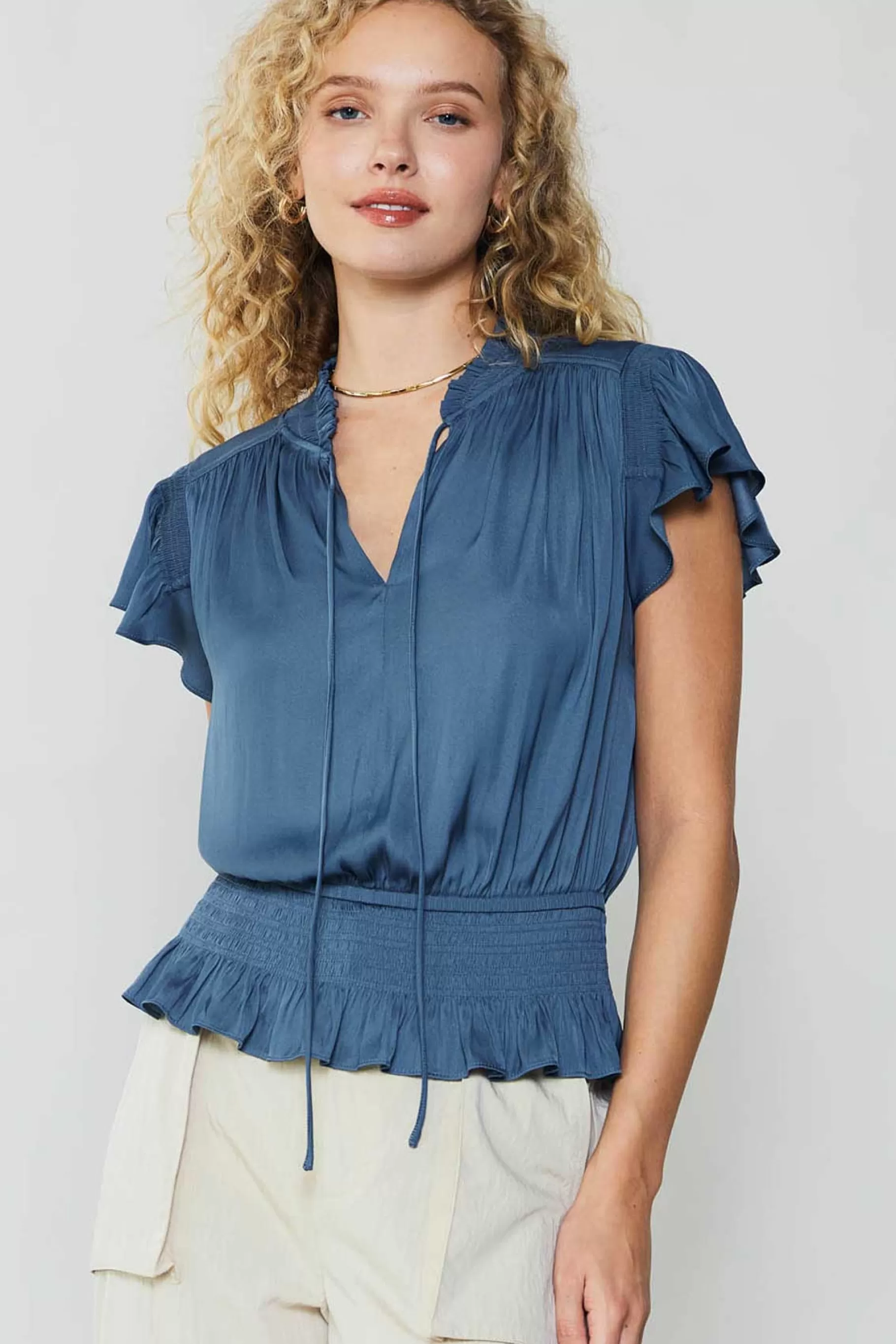 Current Air Short Sleeve Tops>Blair Smocked Top DARKDUSTYBLUE