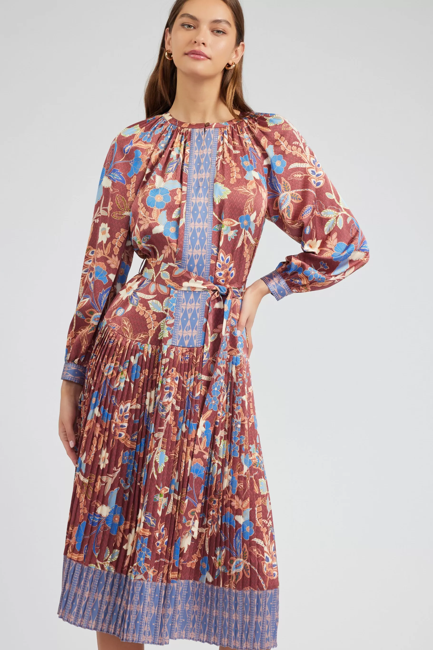 Current Air Midi Dresses>Botanical High Neck Dress CHESTNUTMLT