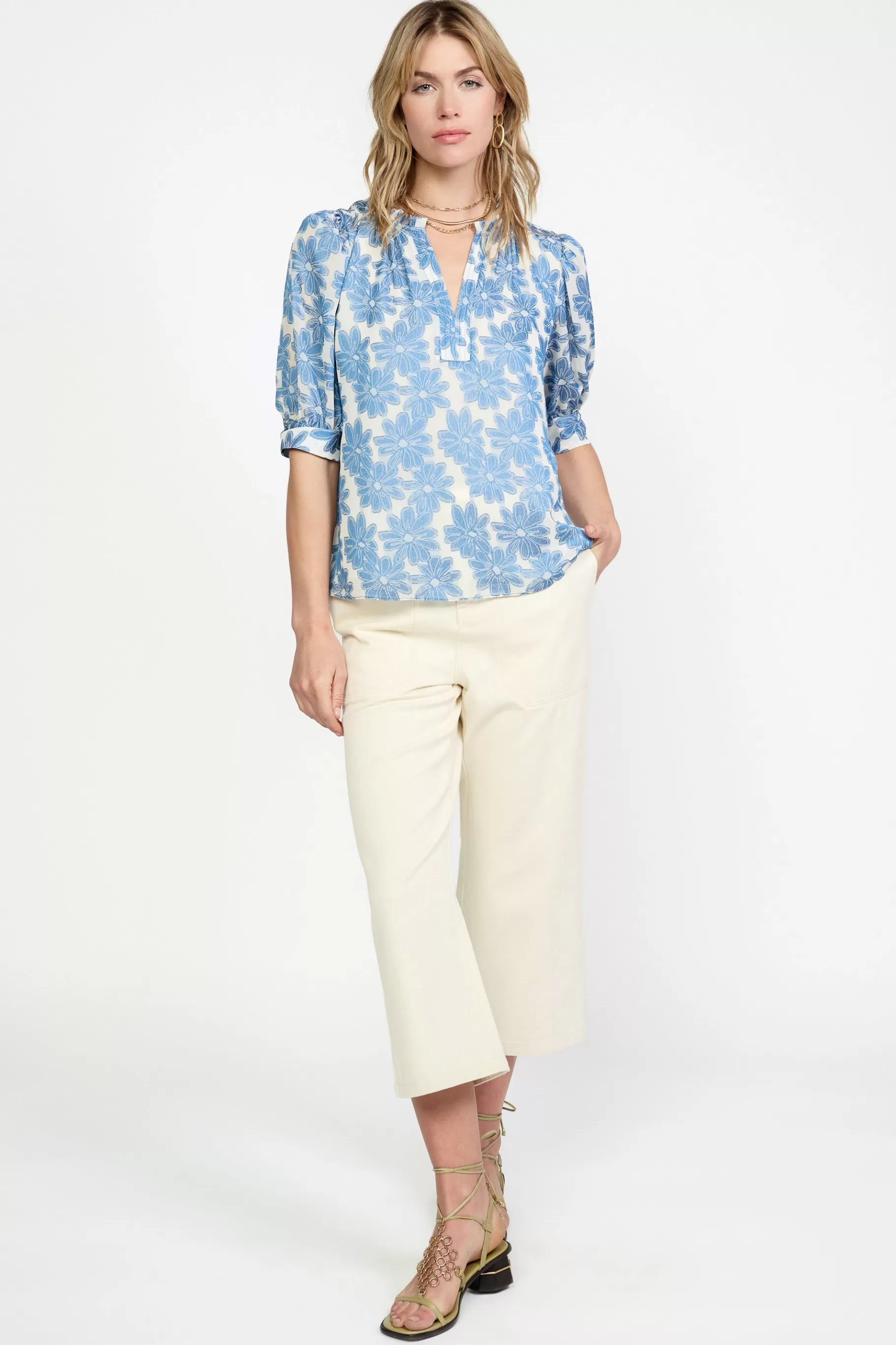 Current Air Short Sleeve Tops>Botanical Jacquard Blouse DENIMBLUE