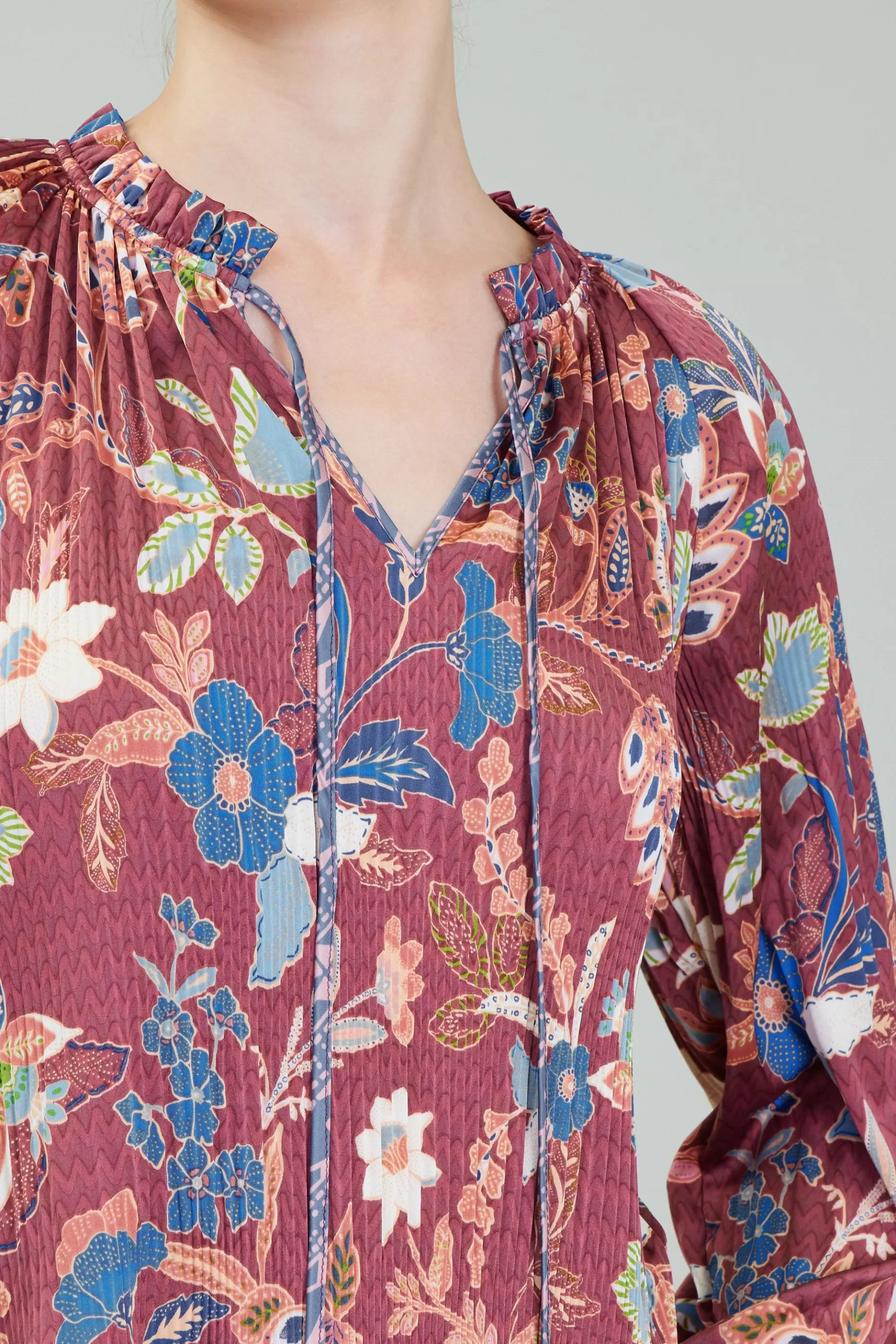 Current Air Long Sleeve Tops>Botanical Pleated Blouse CHESTNUTMLT