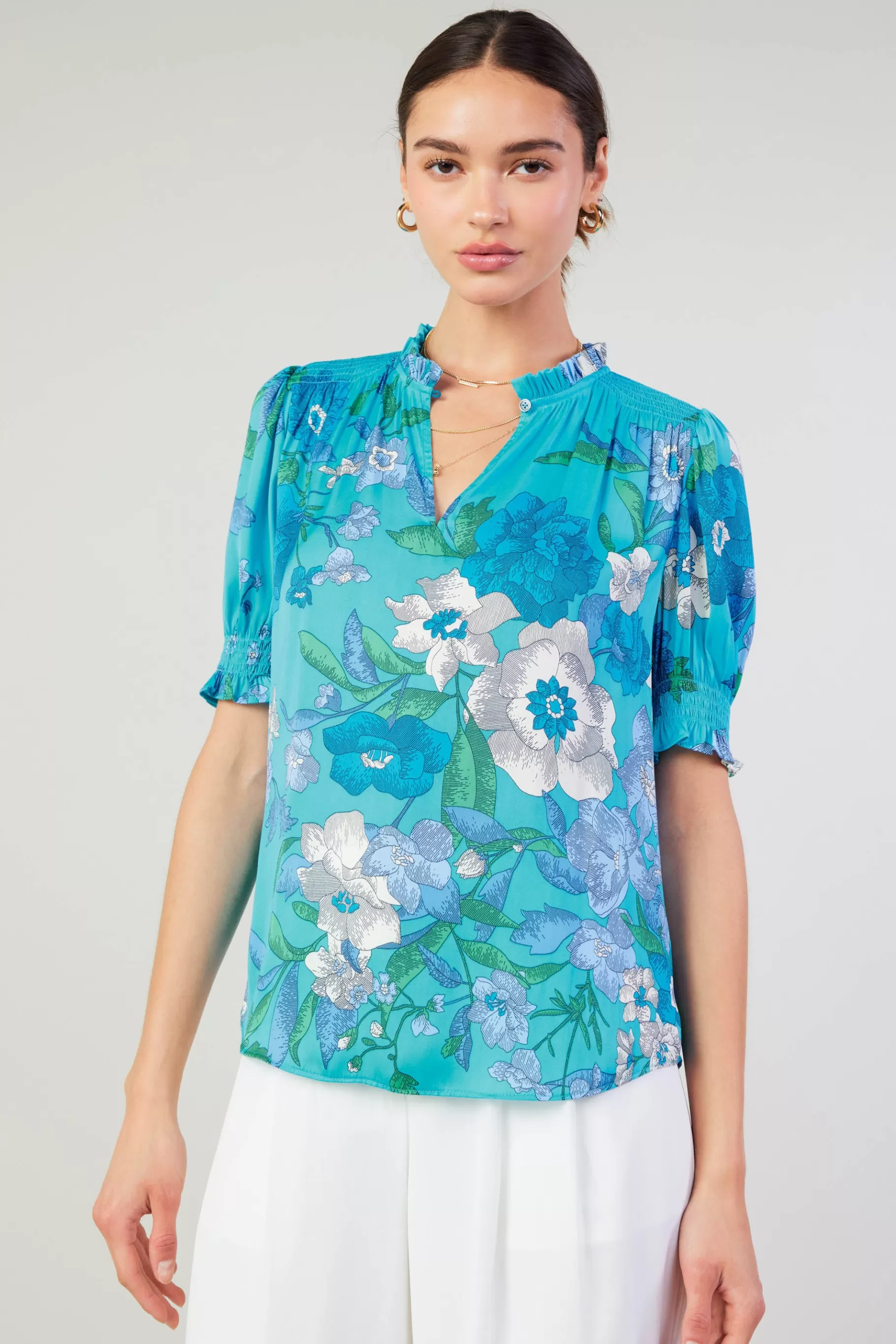 Current Air Short Sleeve Tops>Botanical Smocked Shoulder Blouse BLUE