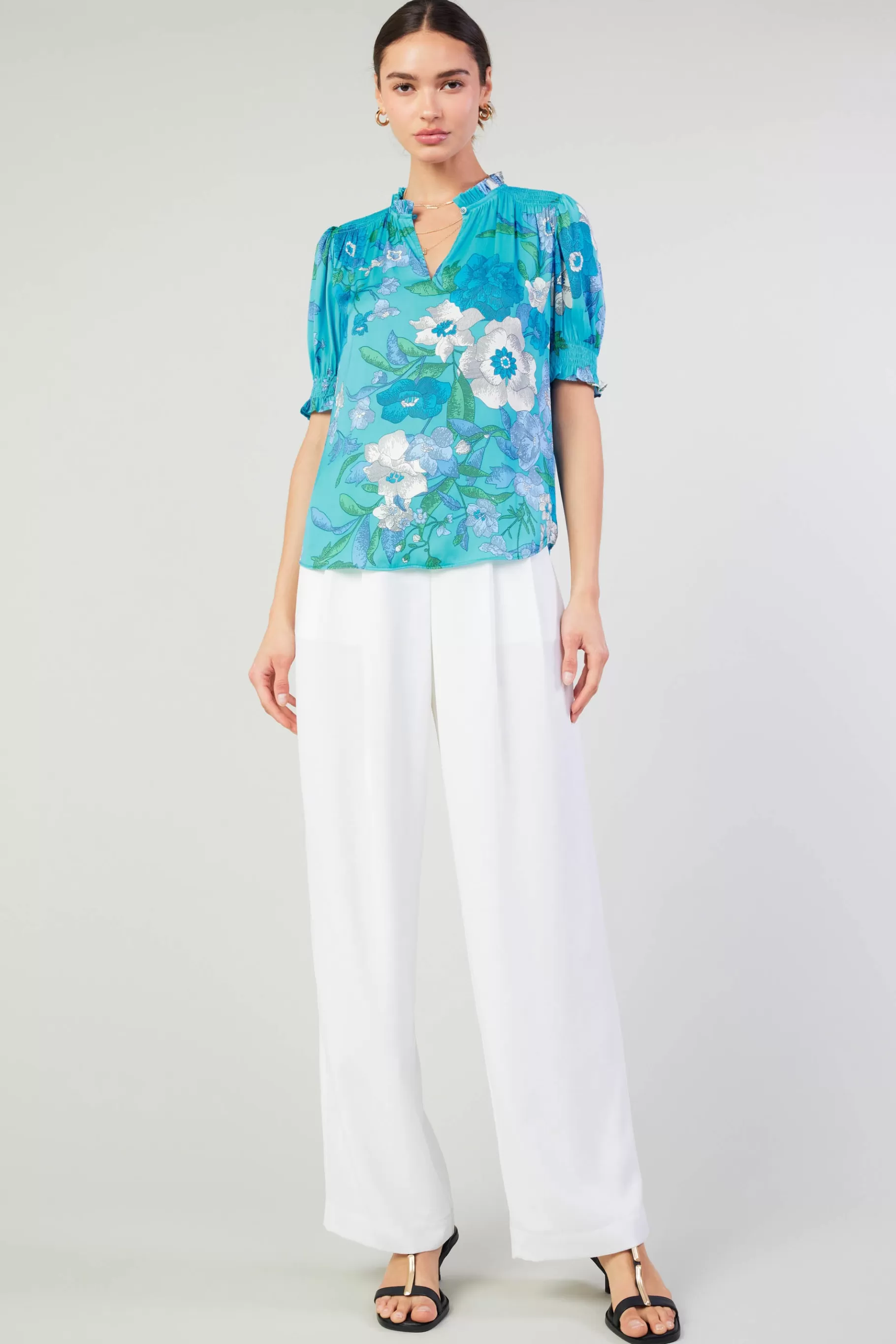 Current Air Short Sleeve Tops>Botanical Smocked Shoulder Blouse BLUE