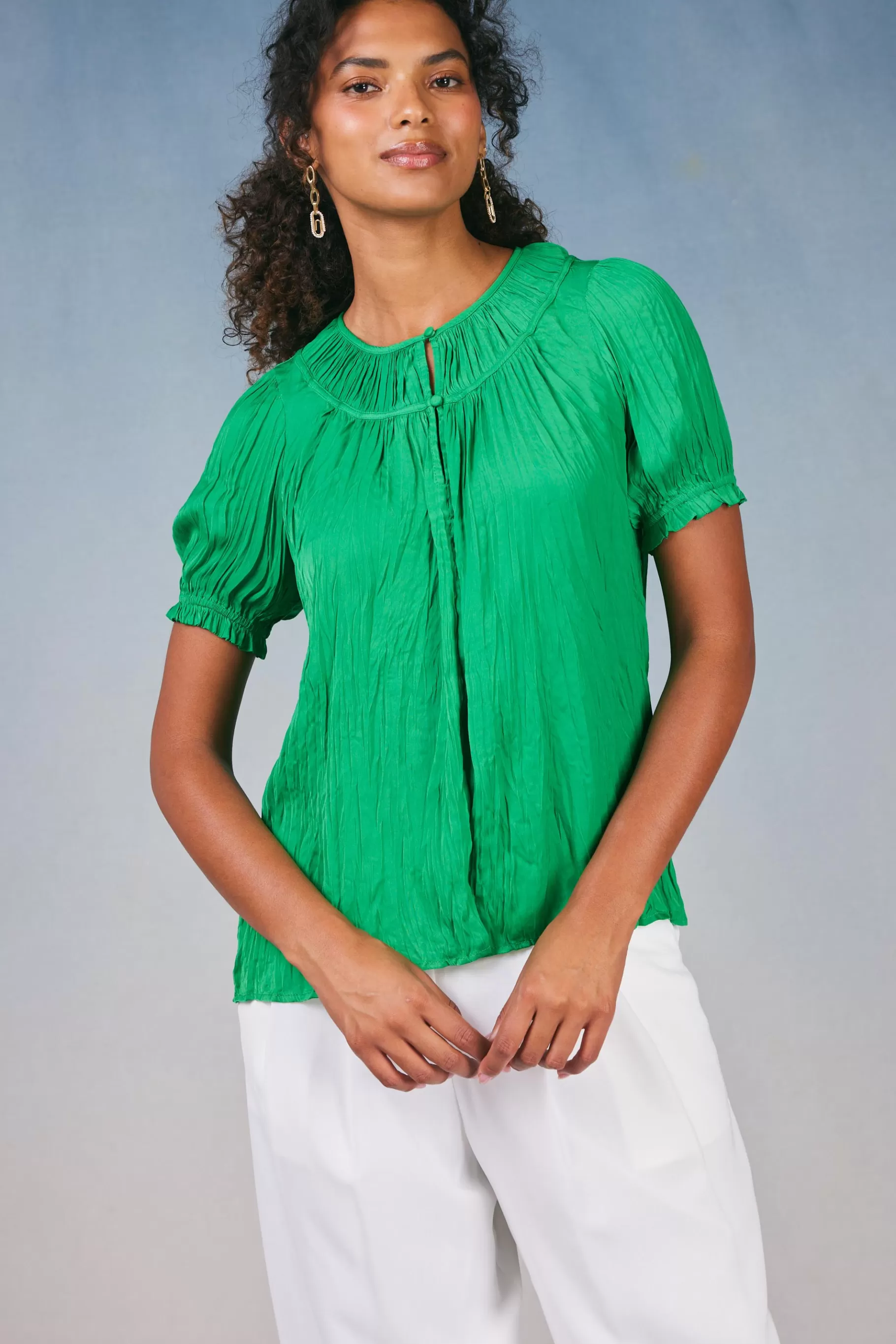 Current Air Short Sleeve Tops>Brooklyn Crinkle Top DEEPSPRINGGREEN