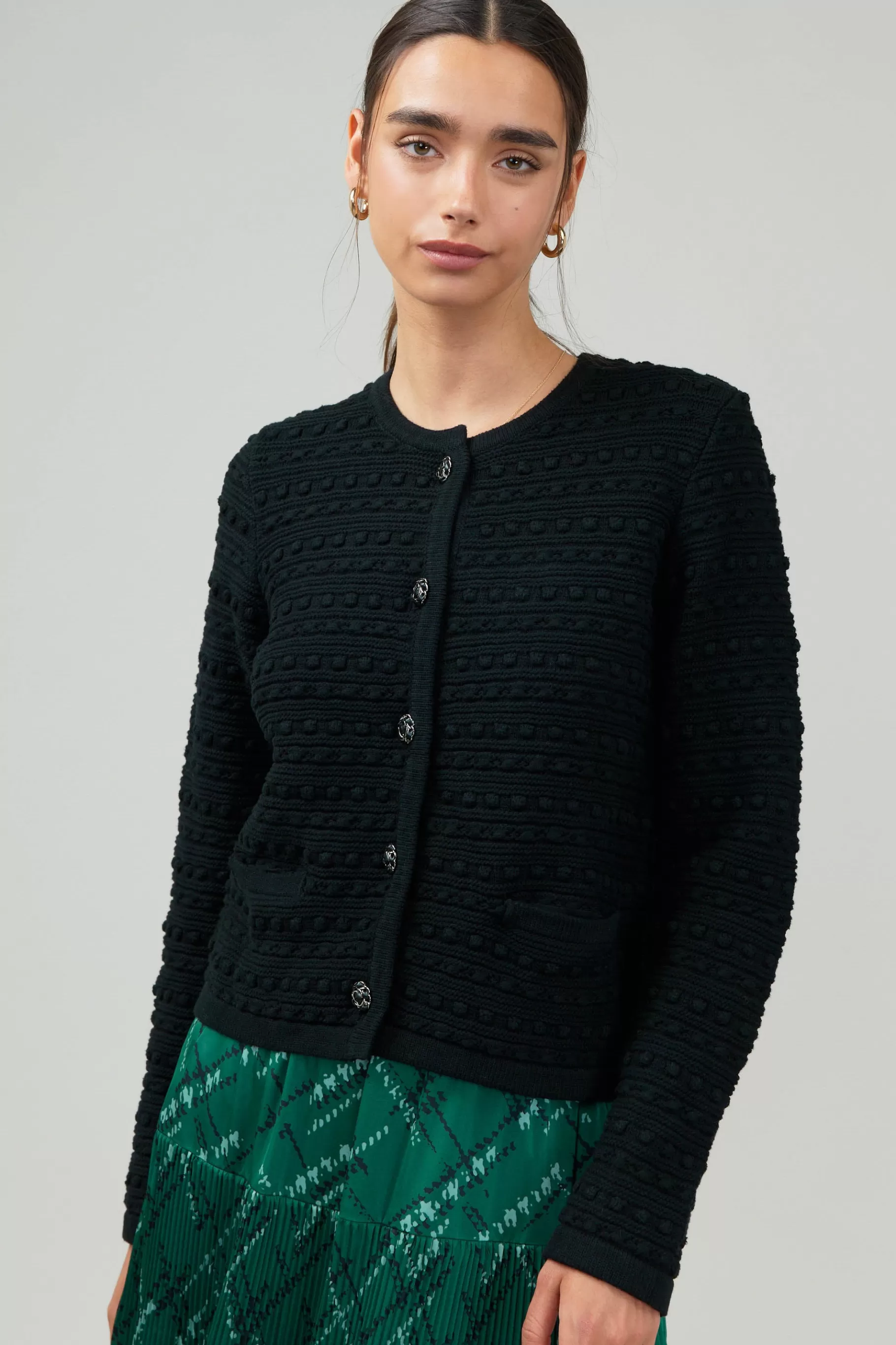Current Air Cardigans>Button Up Tweed Cardigan BLACK