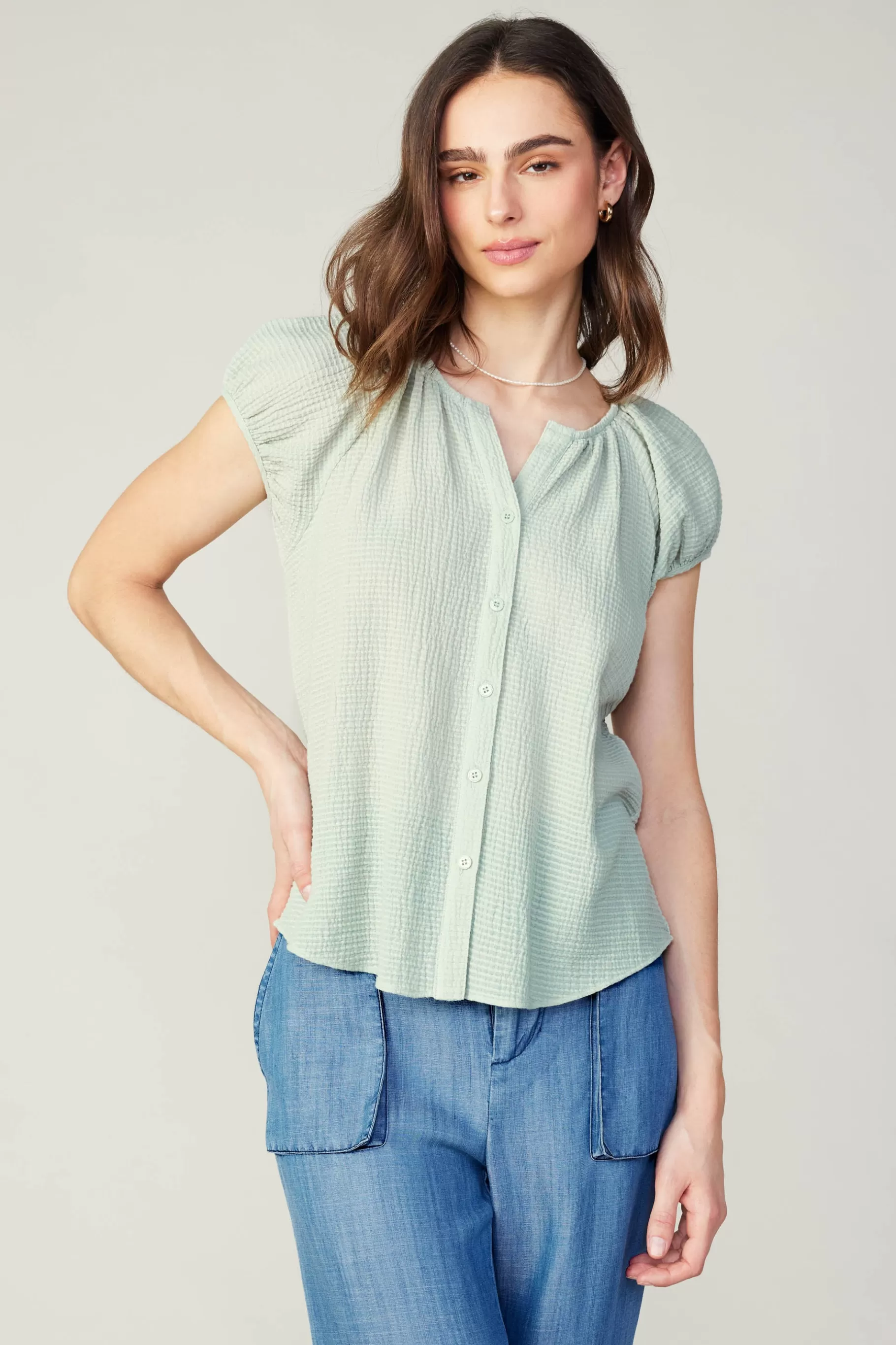Current Air Sleeveless Tops | Short Sleeve Tops>Buttoned Cotton Blouse LIGHTSAGE