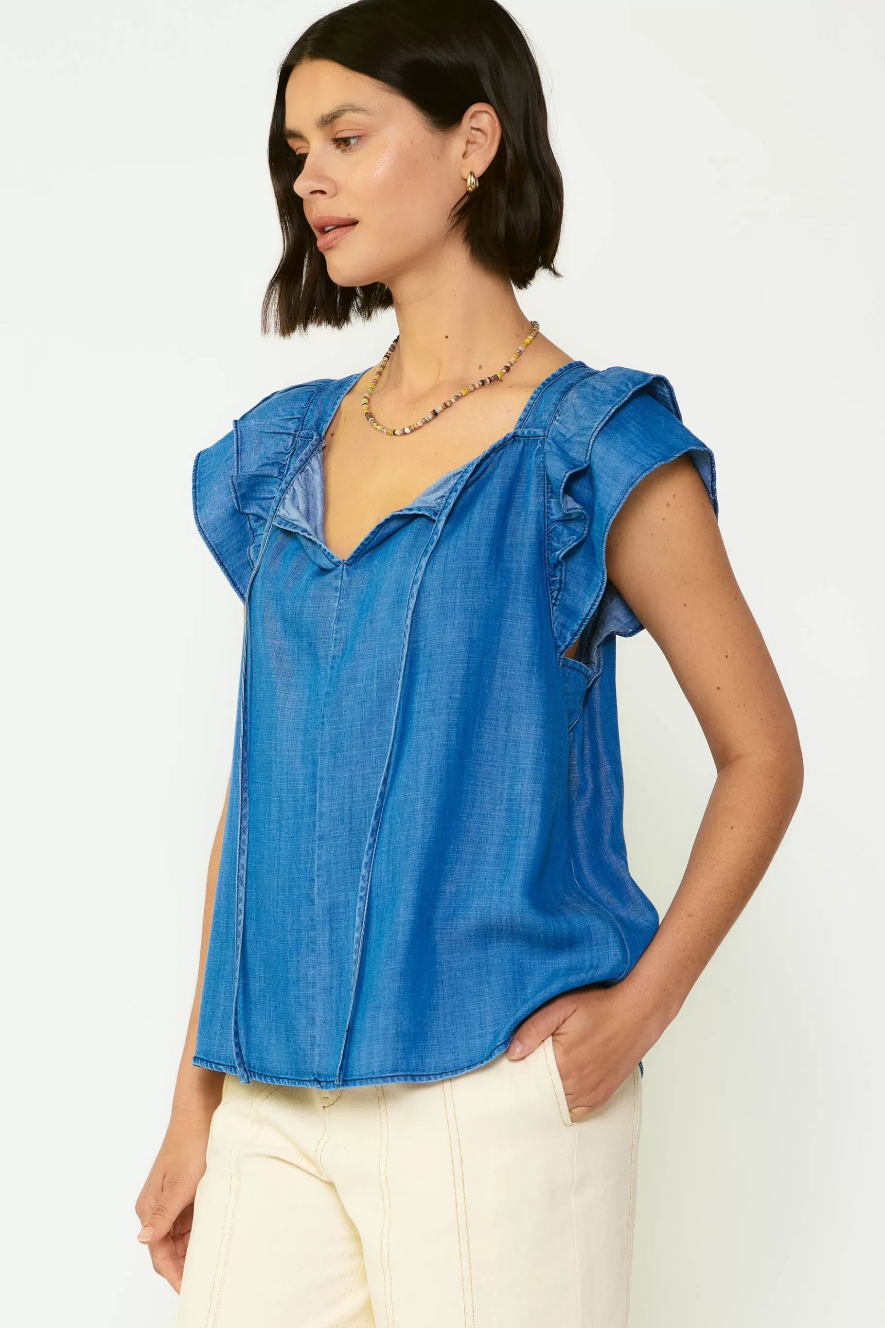 Current Air Sleeveless Tops | Short Sleeve Tops>Back Cutout Top CHAMBRAY