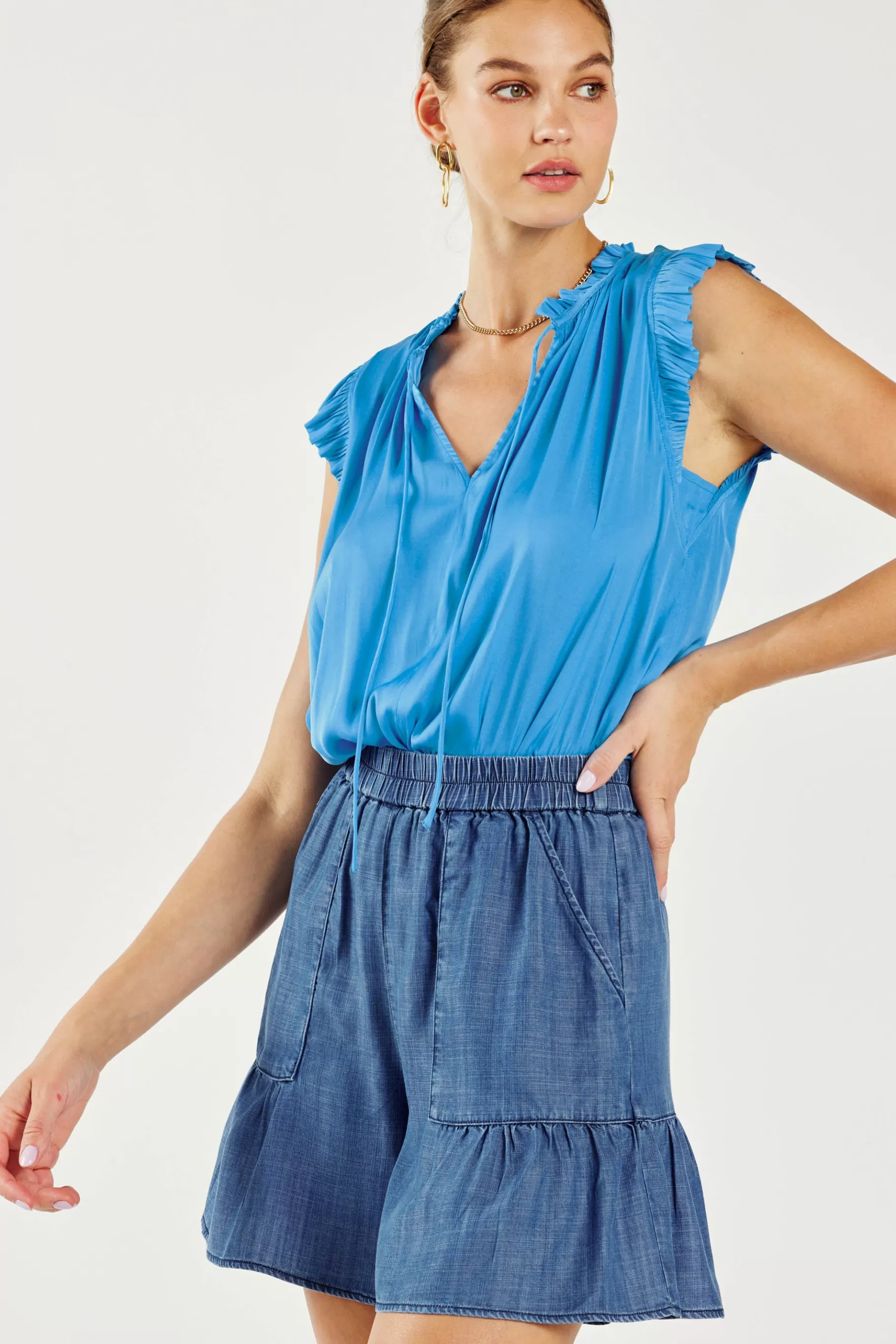 Current Air Shorts>Tiered Shorts CHAMBRAY