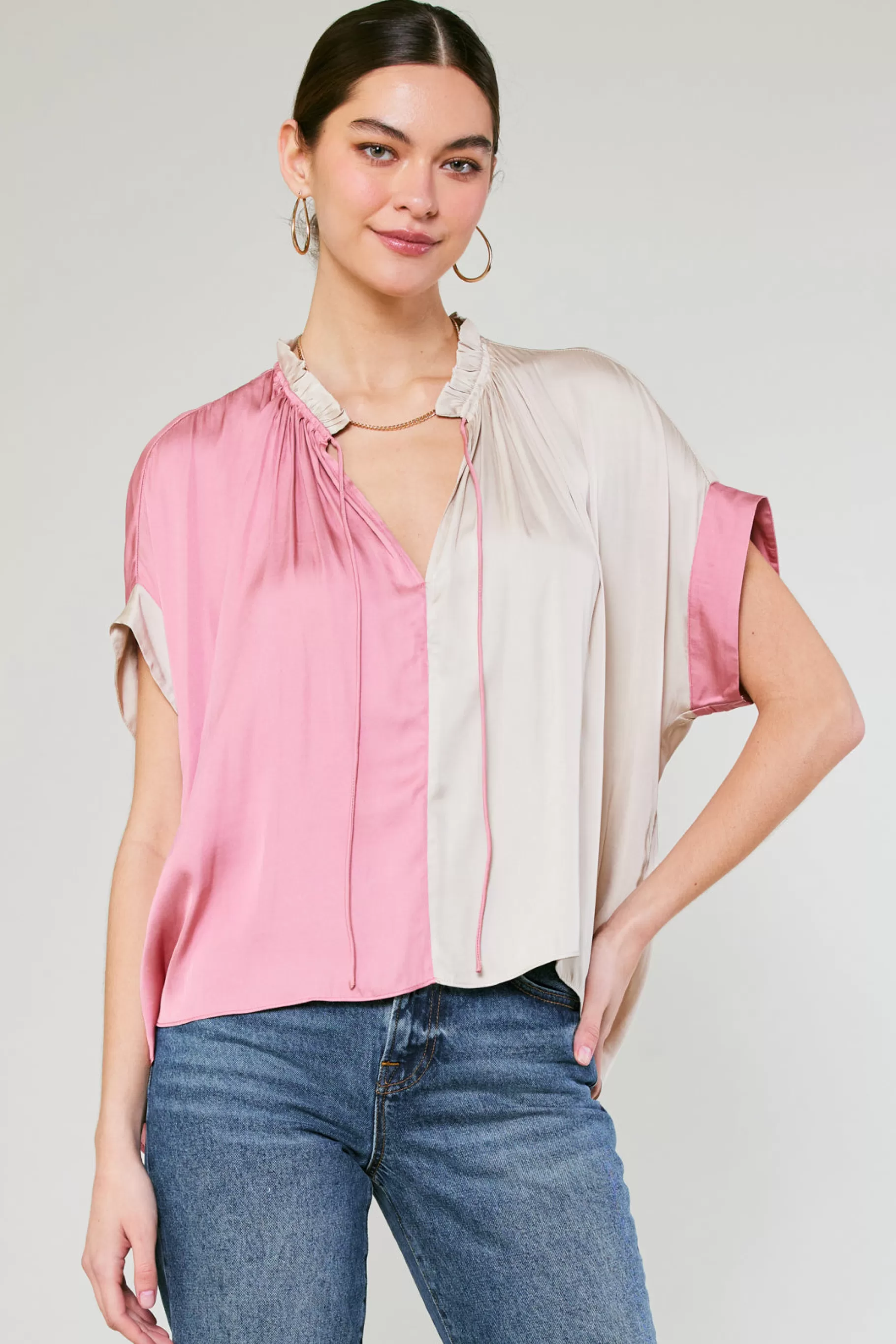 Current Air Short Sleeve Tops>Colorblock Contrast Top LIGHTTAUPE-PINK