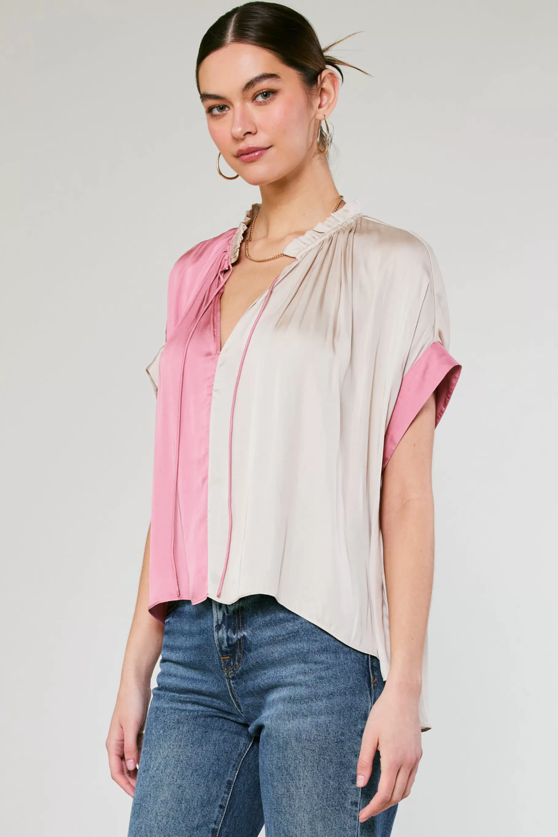 Current Air Short Sleeve Tops>Colorblock Contrast Top LIGHTTAUPE-PINK