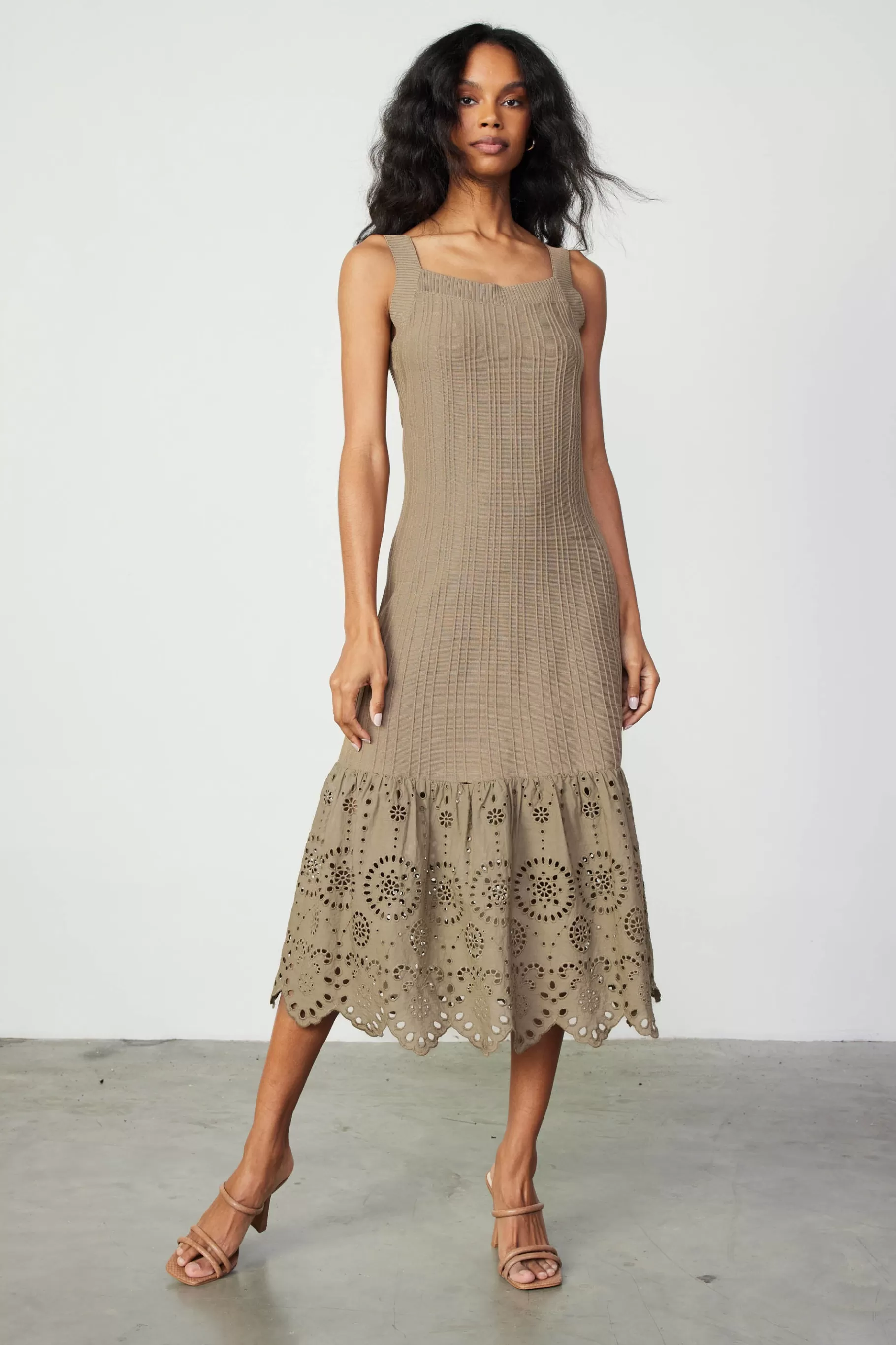 Current Air Knitwear | Midi Dresses>Contrast Lace Knit Dress LATTE