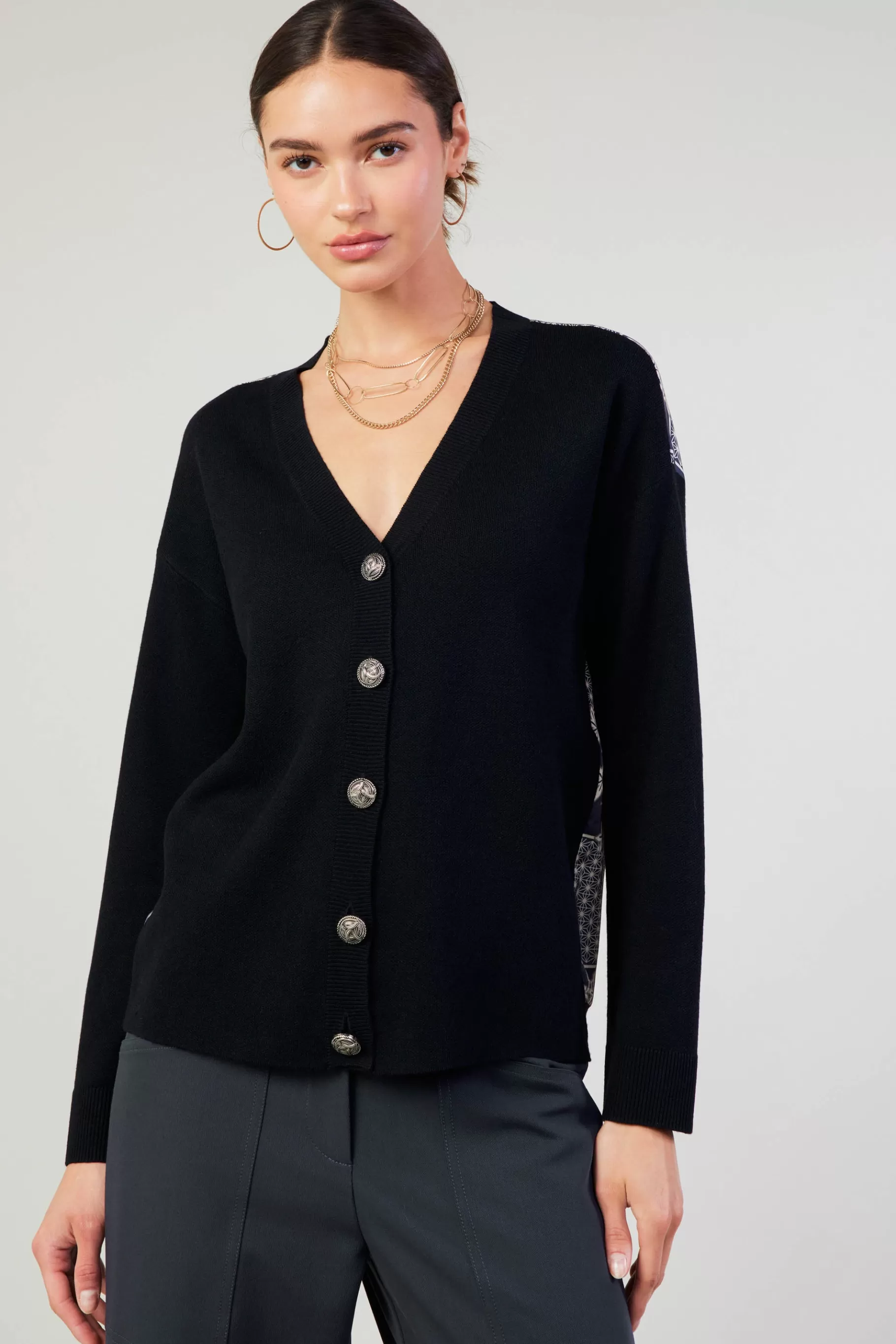 Current Air Cardigans | Sweaters>Contrast Paneled Cardigan BLACK