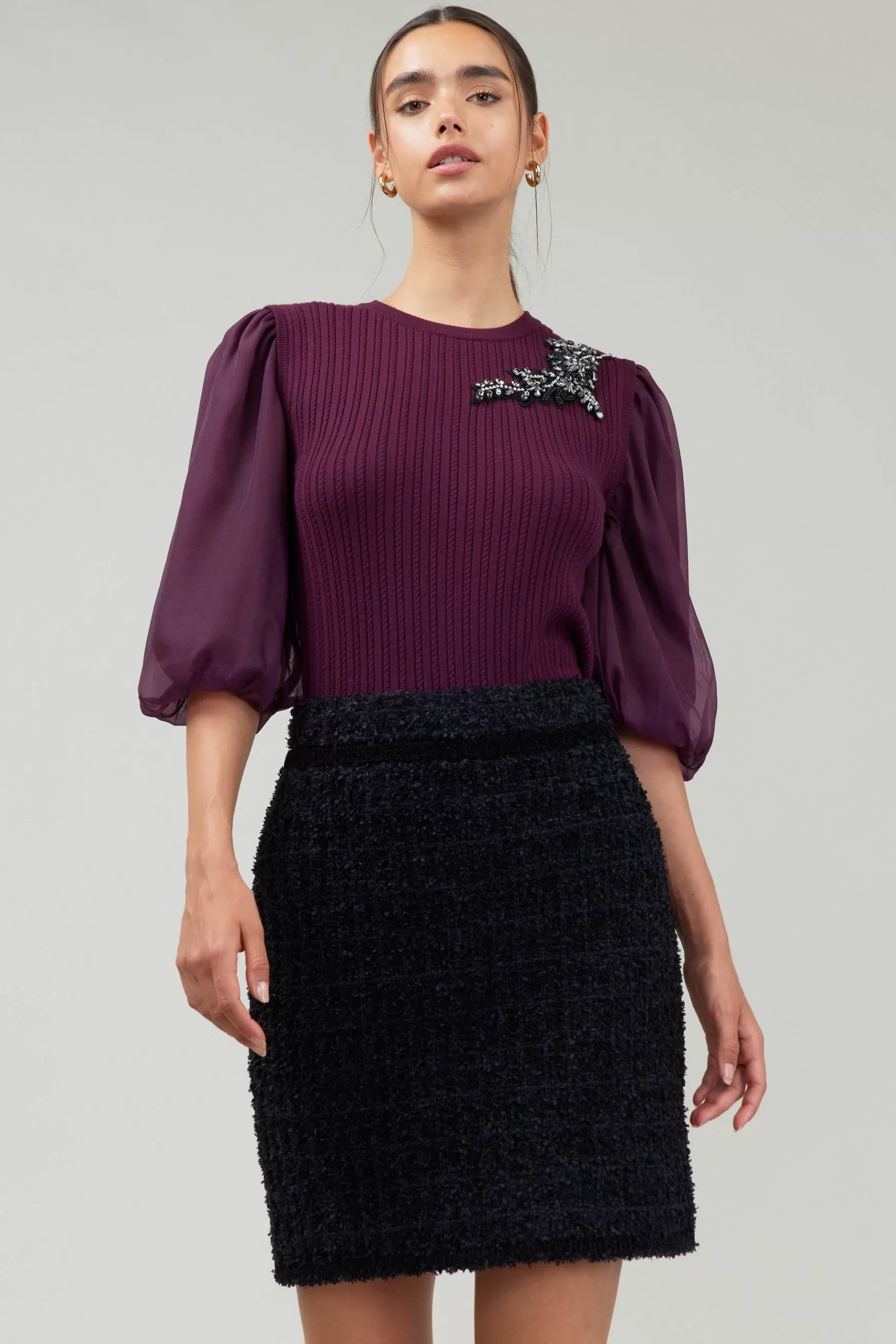 Current Air Knitwear | Short Sleeve Tops>Contrast Sleeve Knit Blouse BURGUNDY