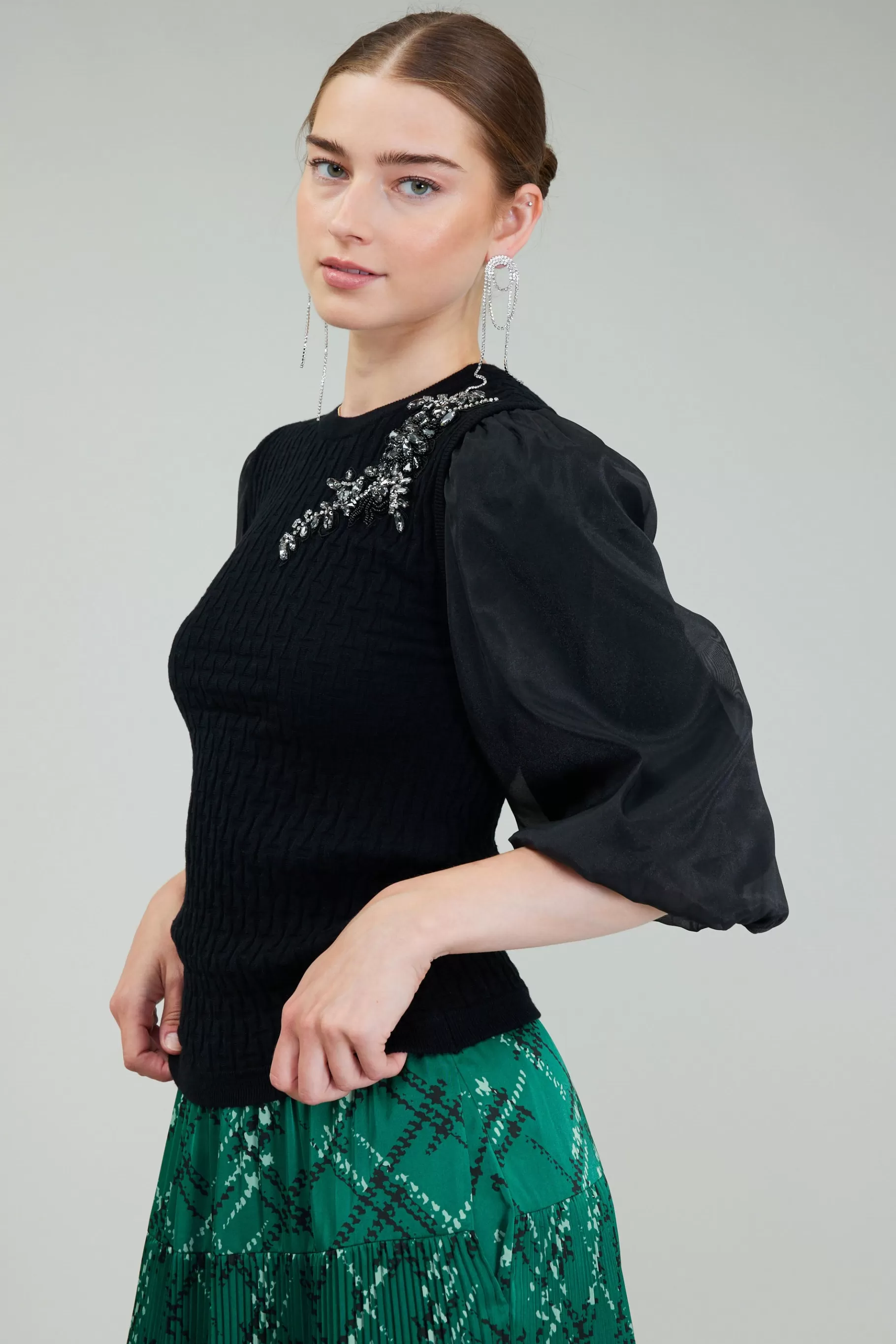 Current Air Knitwear | Short Sleeve Tops>Contrast Sleeve Knit Blouse BLACK