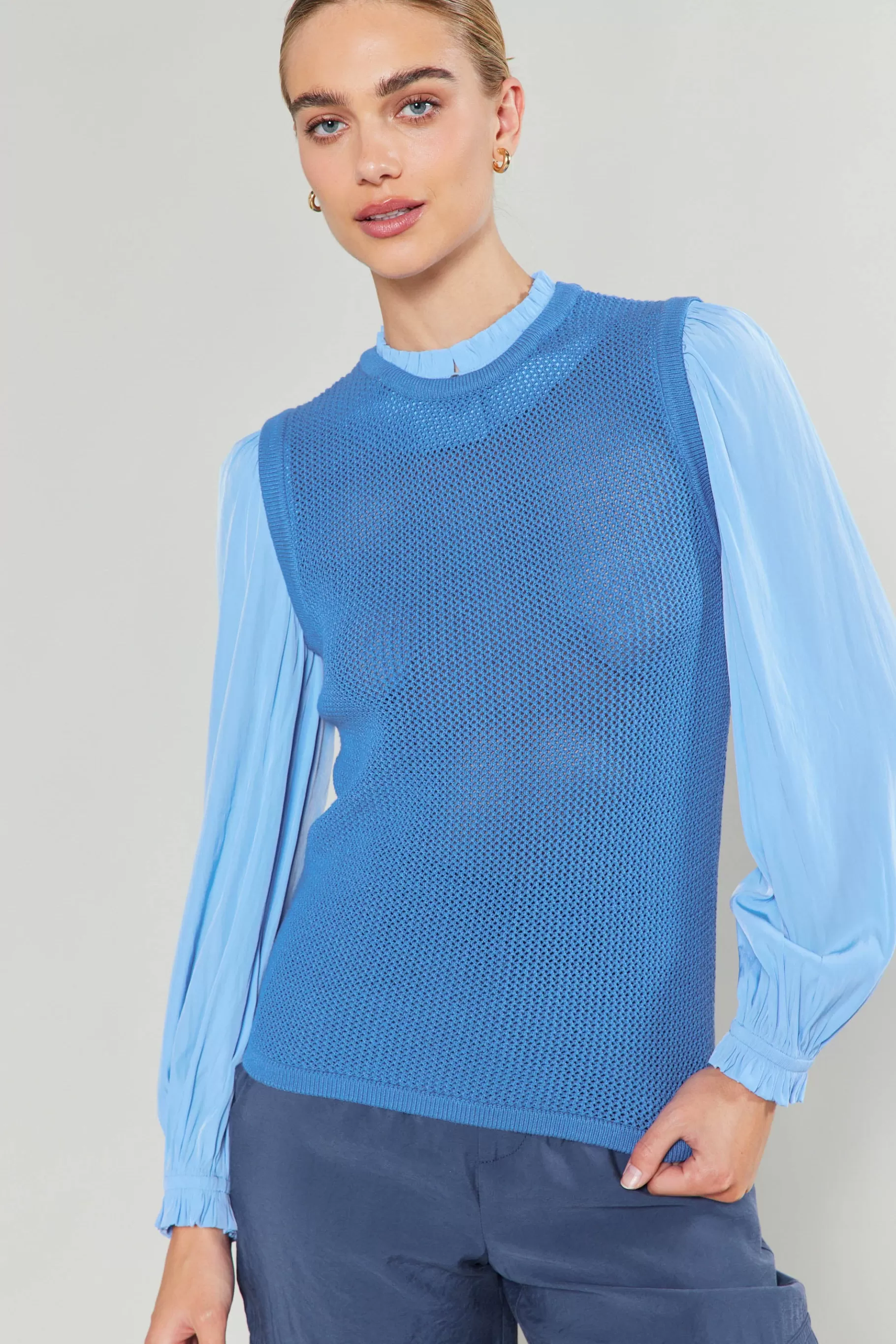 Current Air Knitwear | Long Sleeve Tops>Contrast Sleeve Sweater Top AEROBLUE