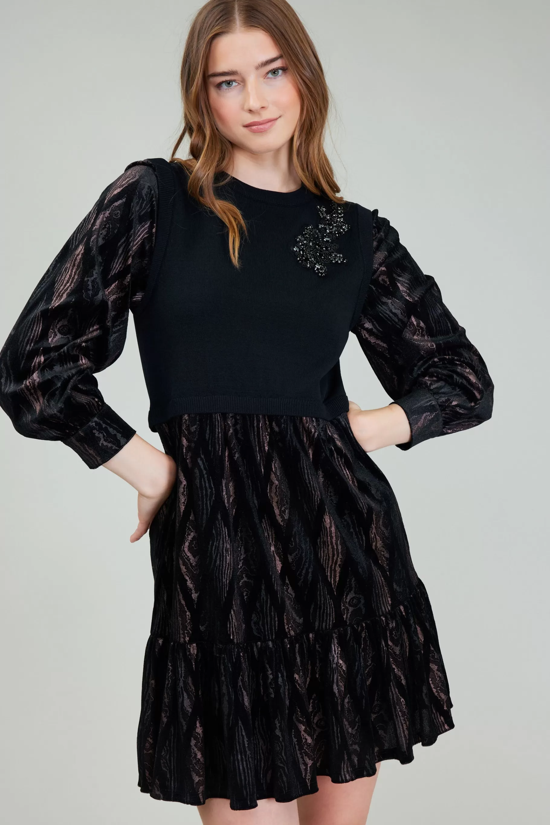Current Air Knitwear | Mini Dresses>Contrast Velvet Foil Mini Dress BLACKBRONZEMULTI
