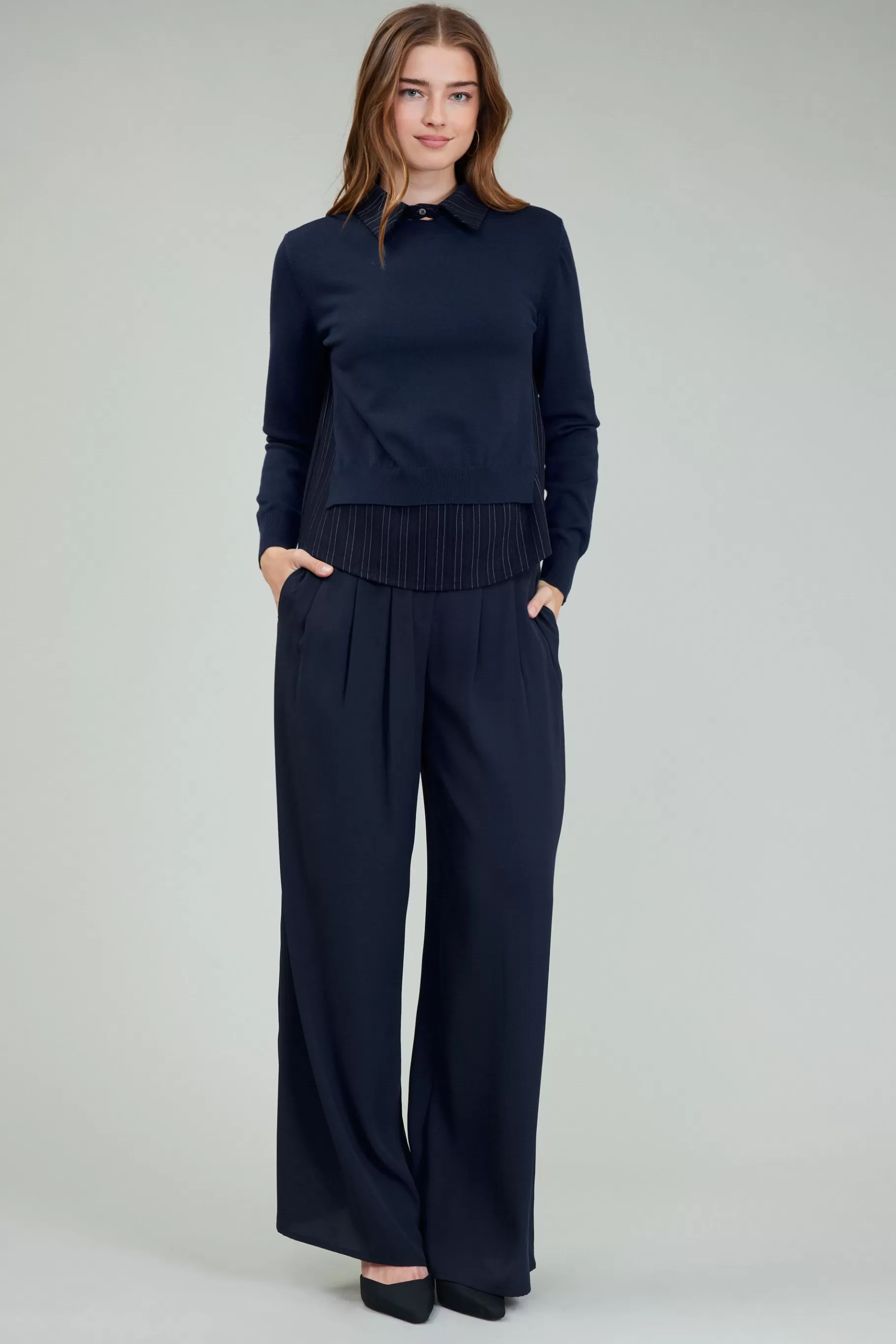 Current Air Knitwear | Long Sleeve Tops>Corduroy Knit & Woven Top NAVY
