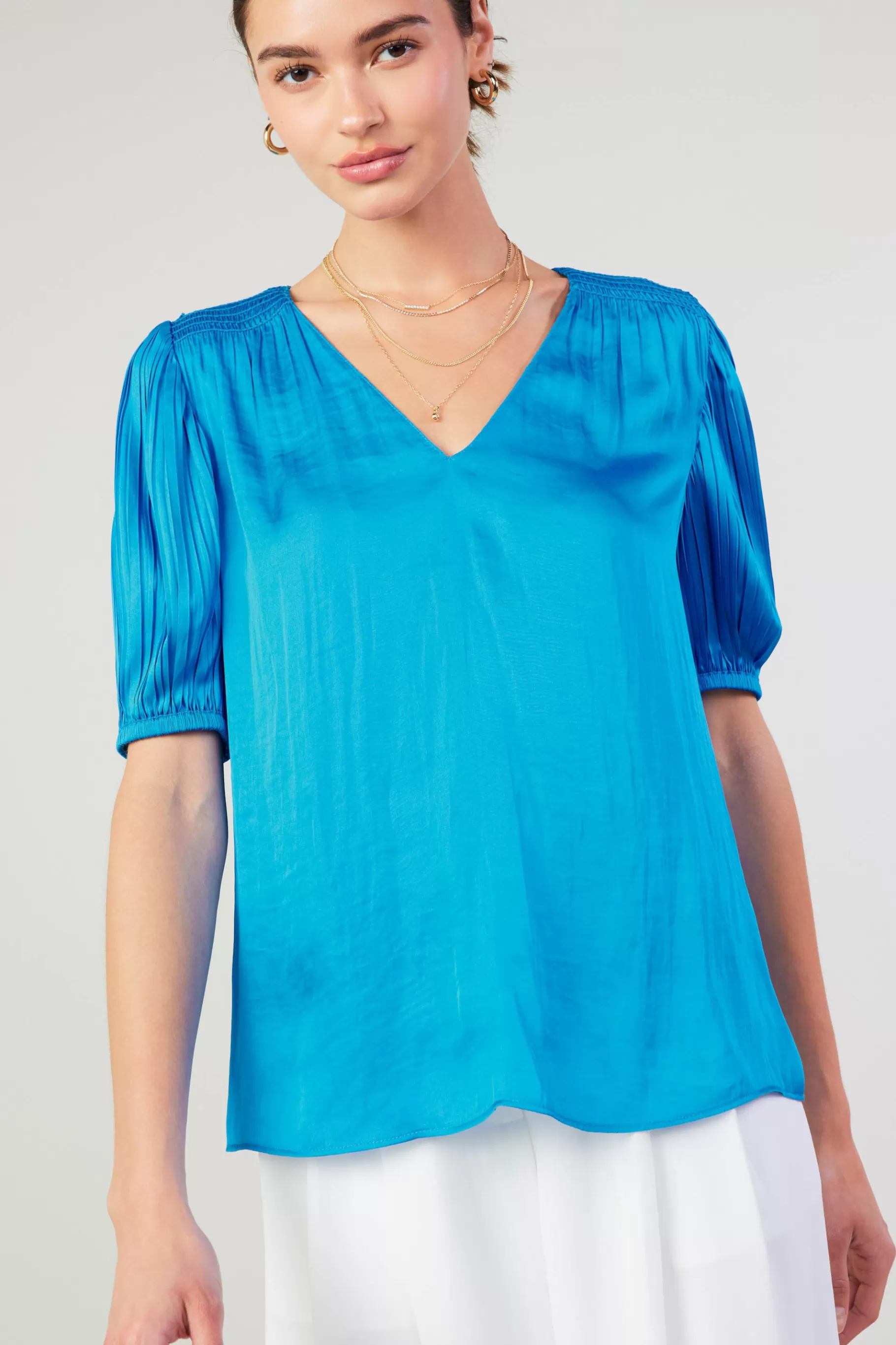 Current Air Short Sleeve Tops>Cuffed Pleated Yoke top BLUE