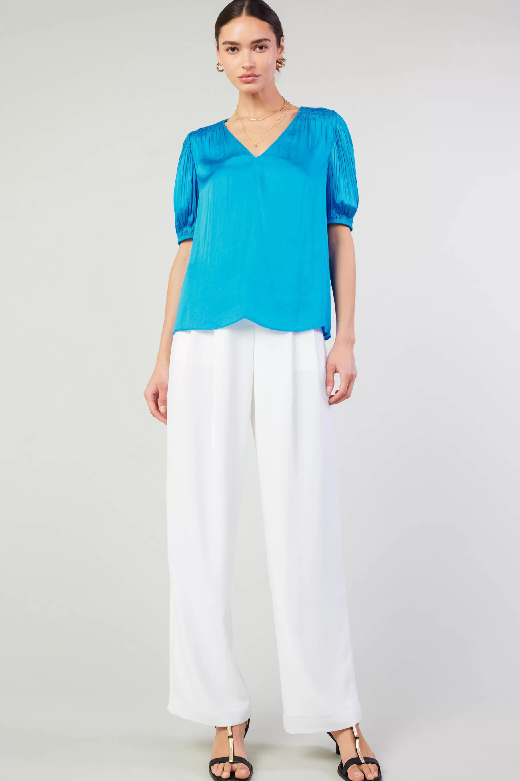Current Air Short Sleeve Tops>Cuffed Pleated Yoke top BLUE