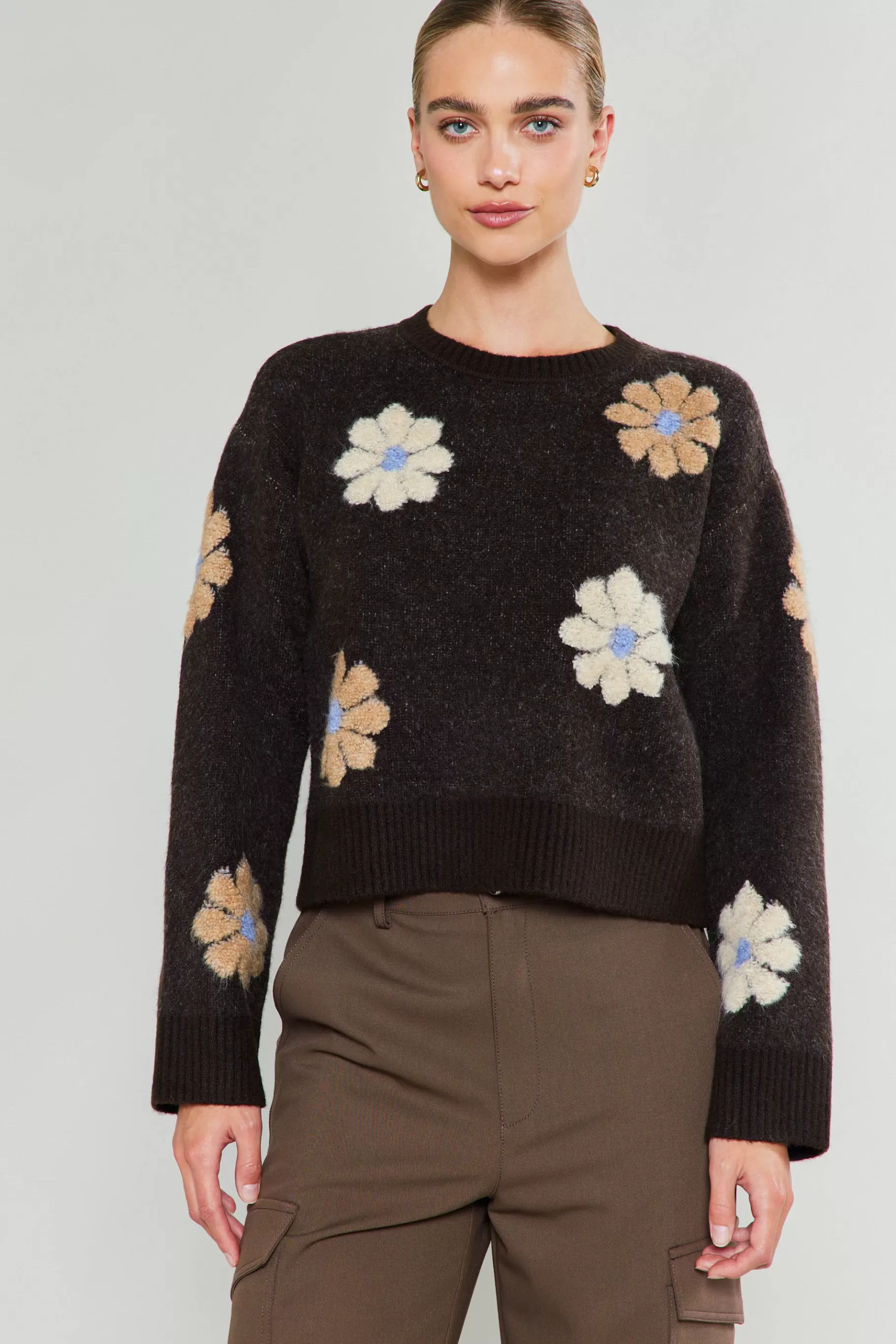 Current Air Knitwear | Sweaters>Daisy Embroidered Sweater BROWN