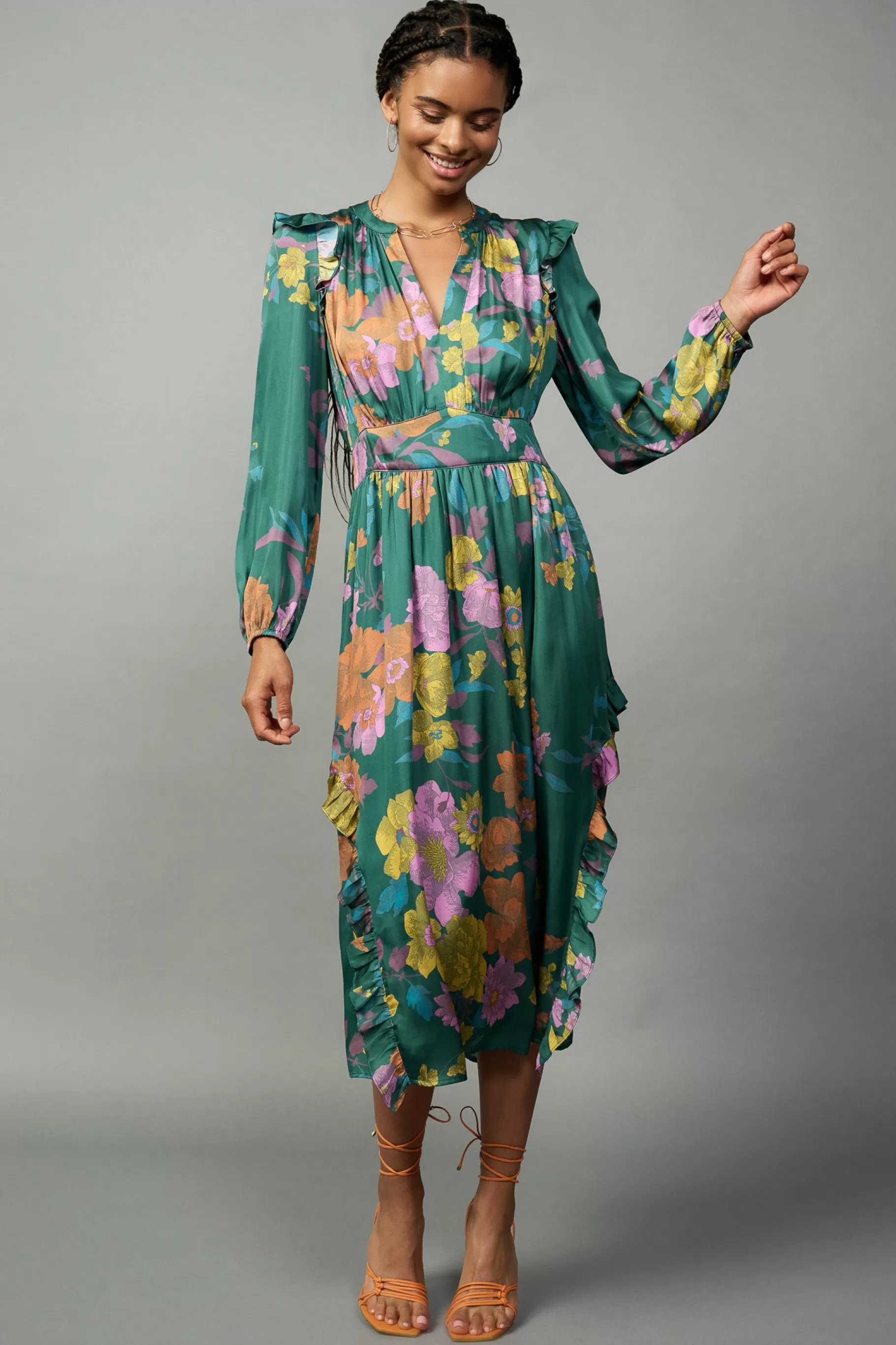 Current Air Midi Dresses>Emmaline Botanical Midi Dress GREENFLORAL