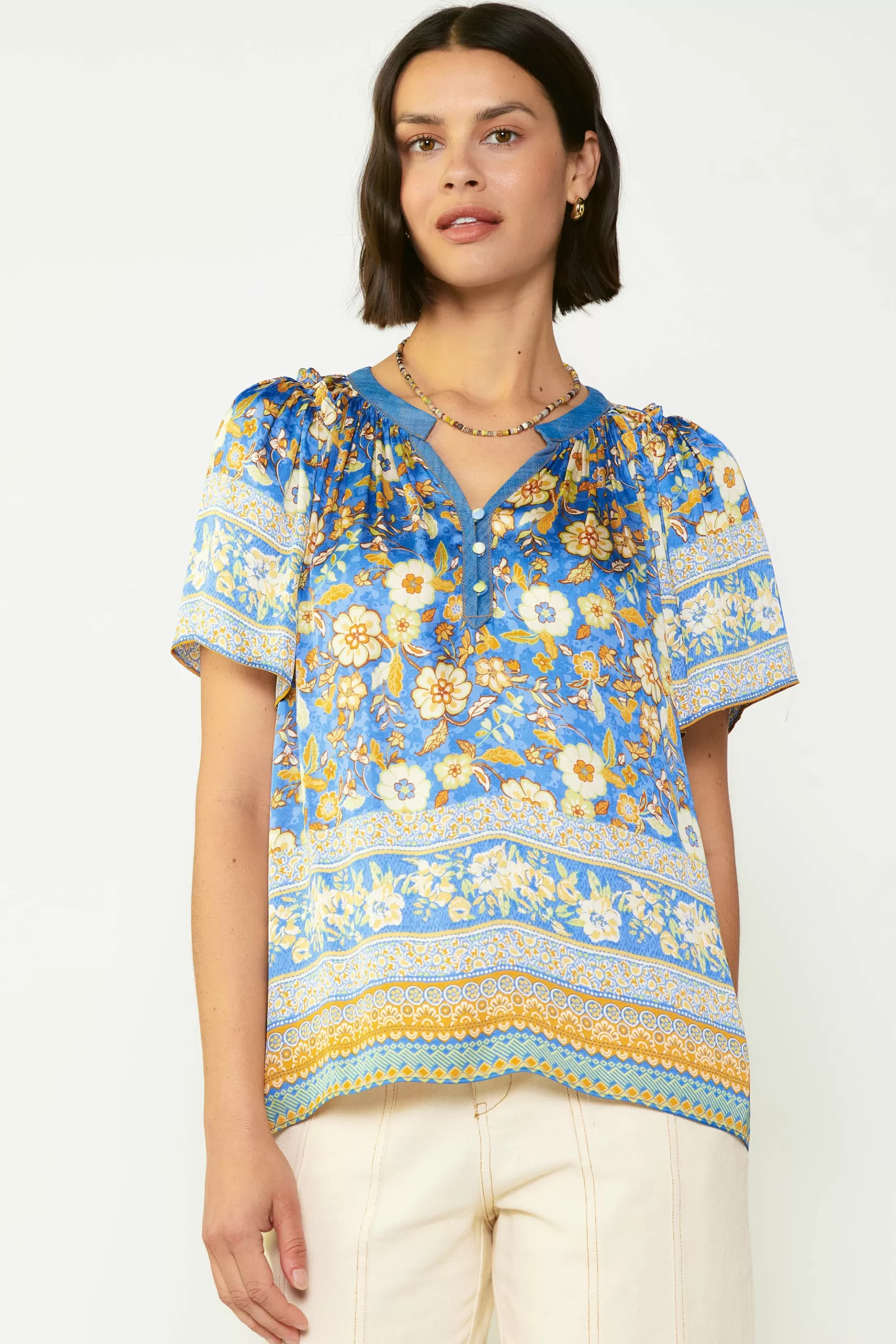 Current Air Short Sleeve Tops>Floral Border Print Blouse BLUESAND