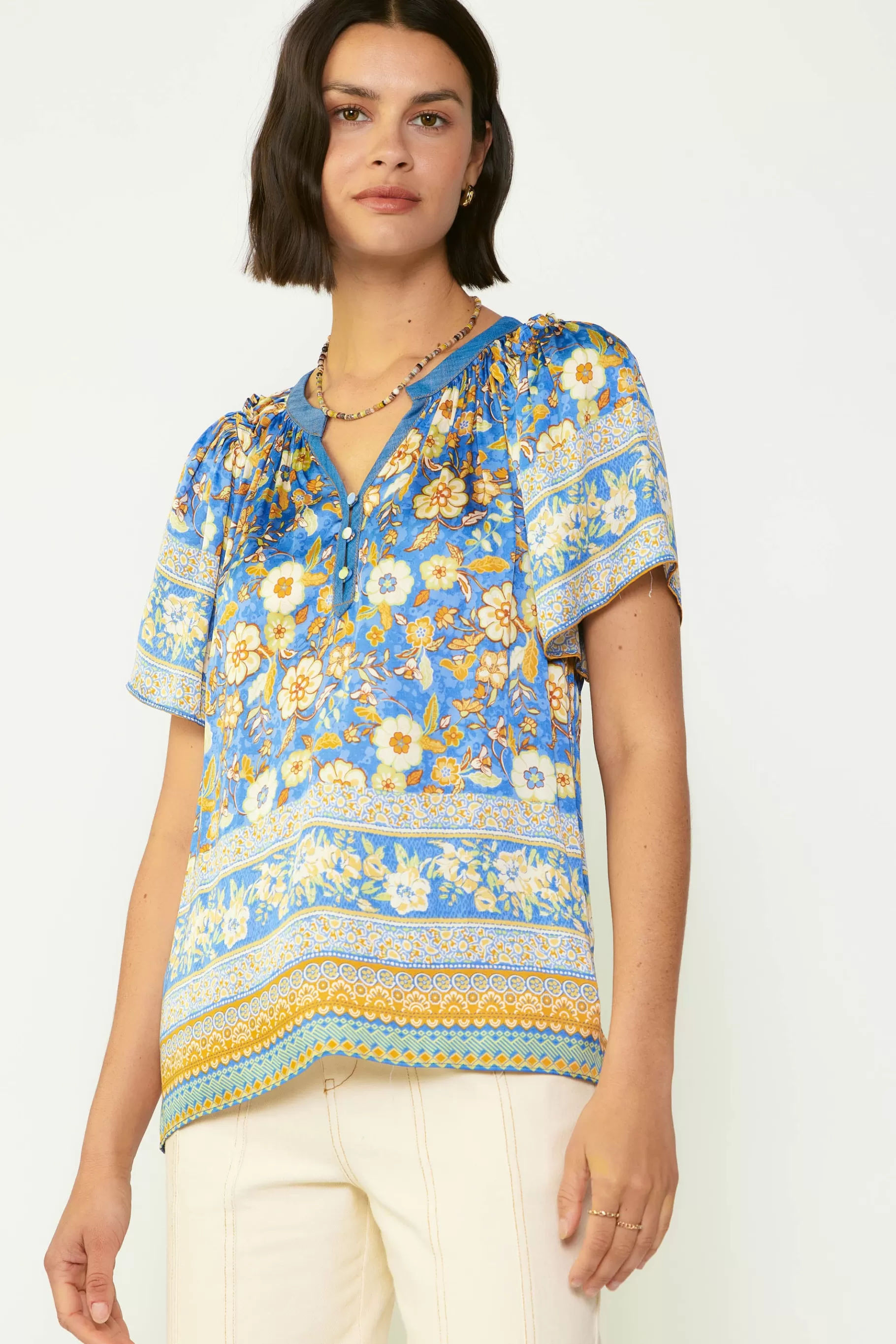 Current Air Short Sleeve Tops>Floral Border Print Blouse BLUESAND