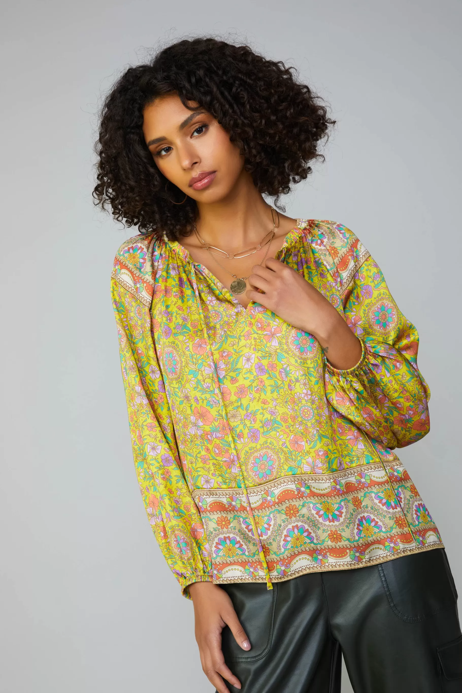 Current Air Long Sleeve Tops>Floral Border Print Raglan Blouse YELLOWMLT