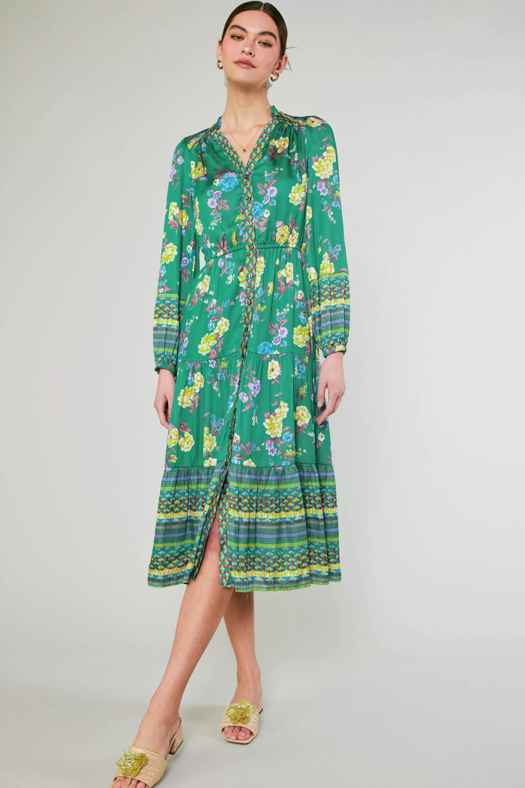 Current Air Midi Dresses>Floral Motif Buttondown Dress GREENFLORALMLT