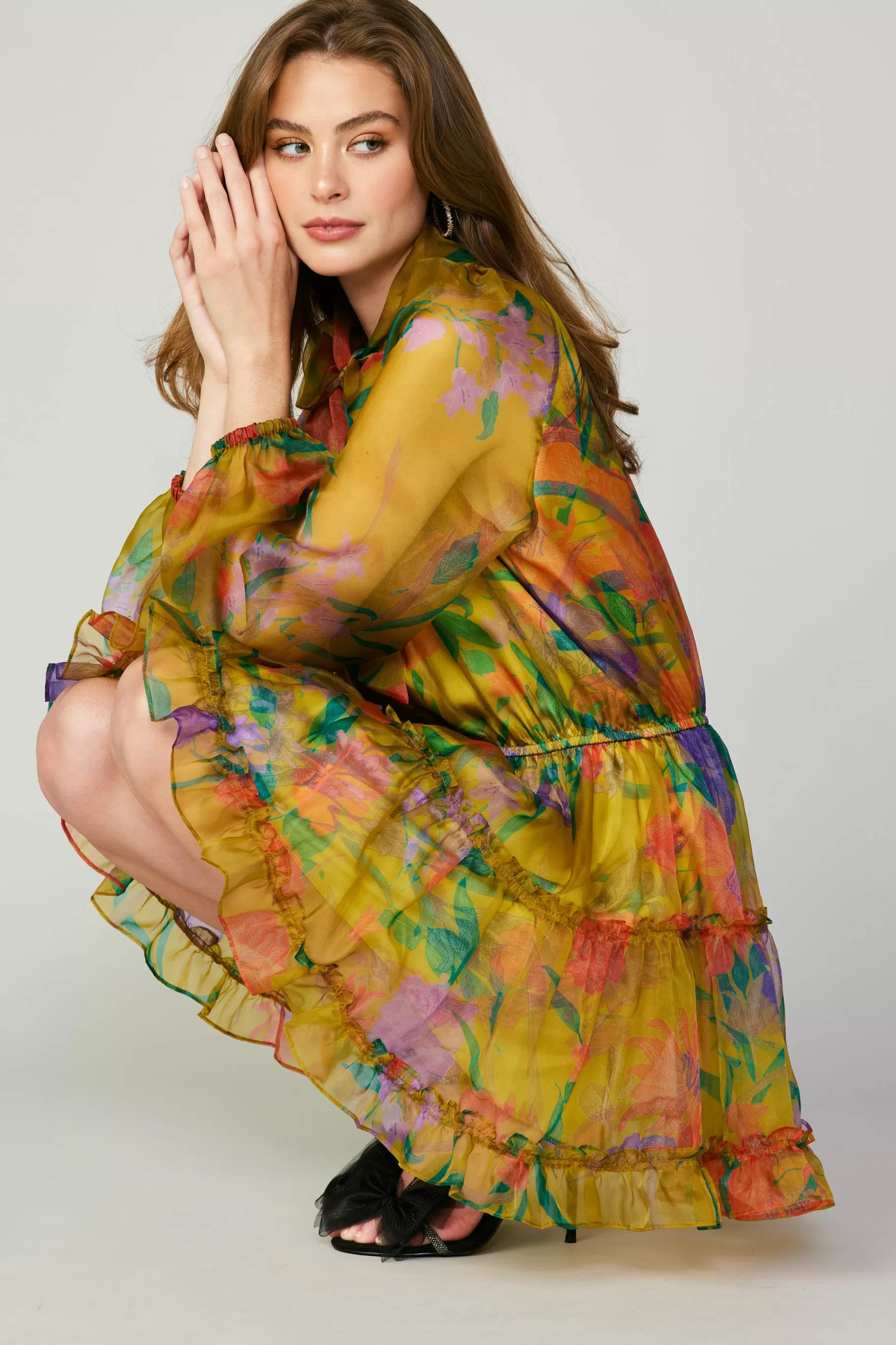 Current Air Mini Dresses>Floral Organza Mini Dress YELLOW