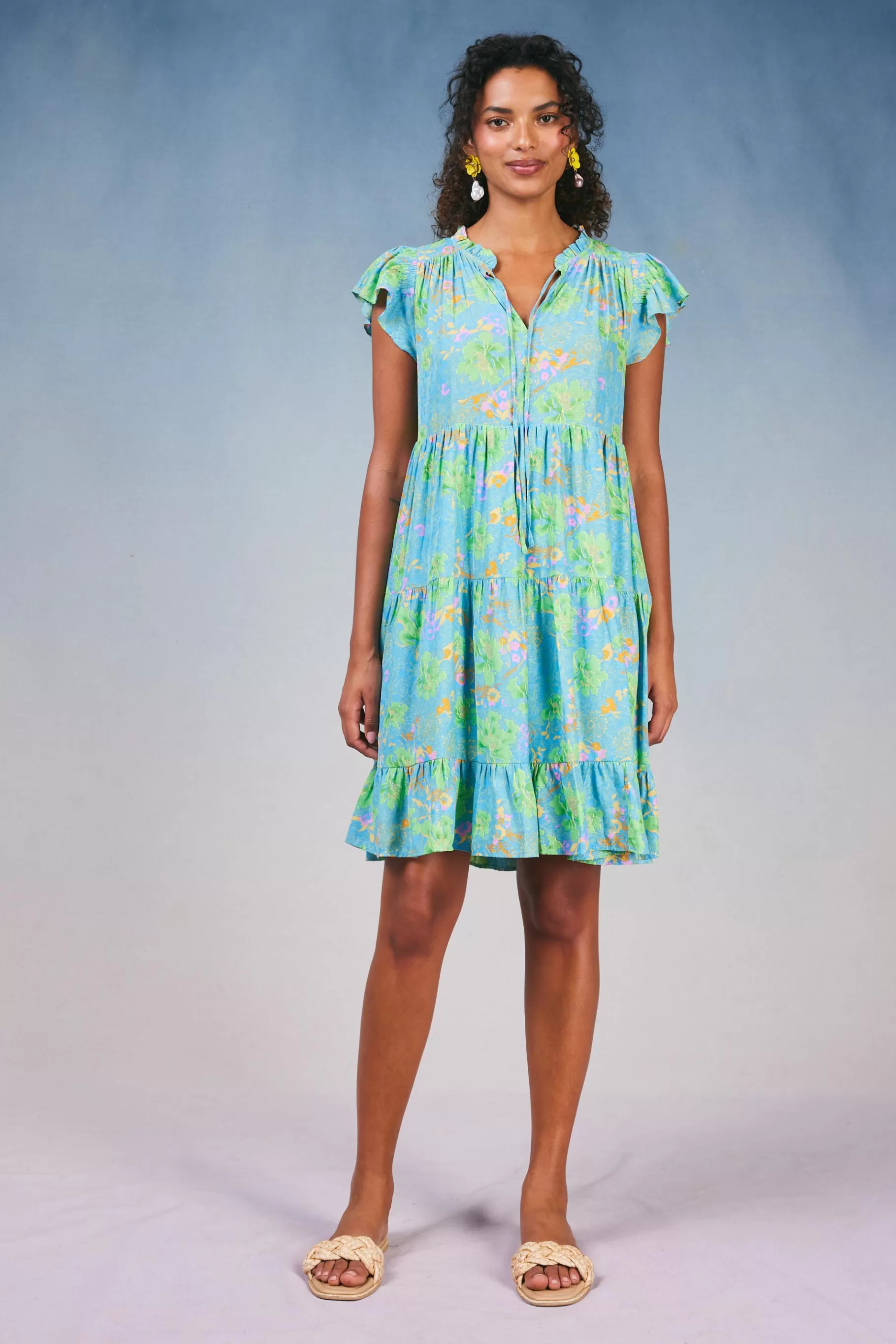 Current Air Mini Dresses>Floral Print Tiered Mini Dress BLUEMLT
