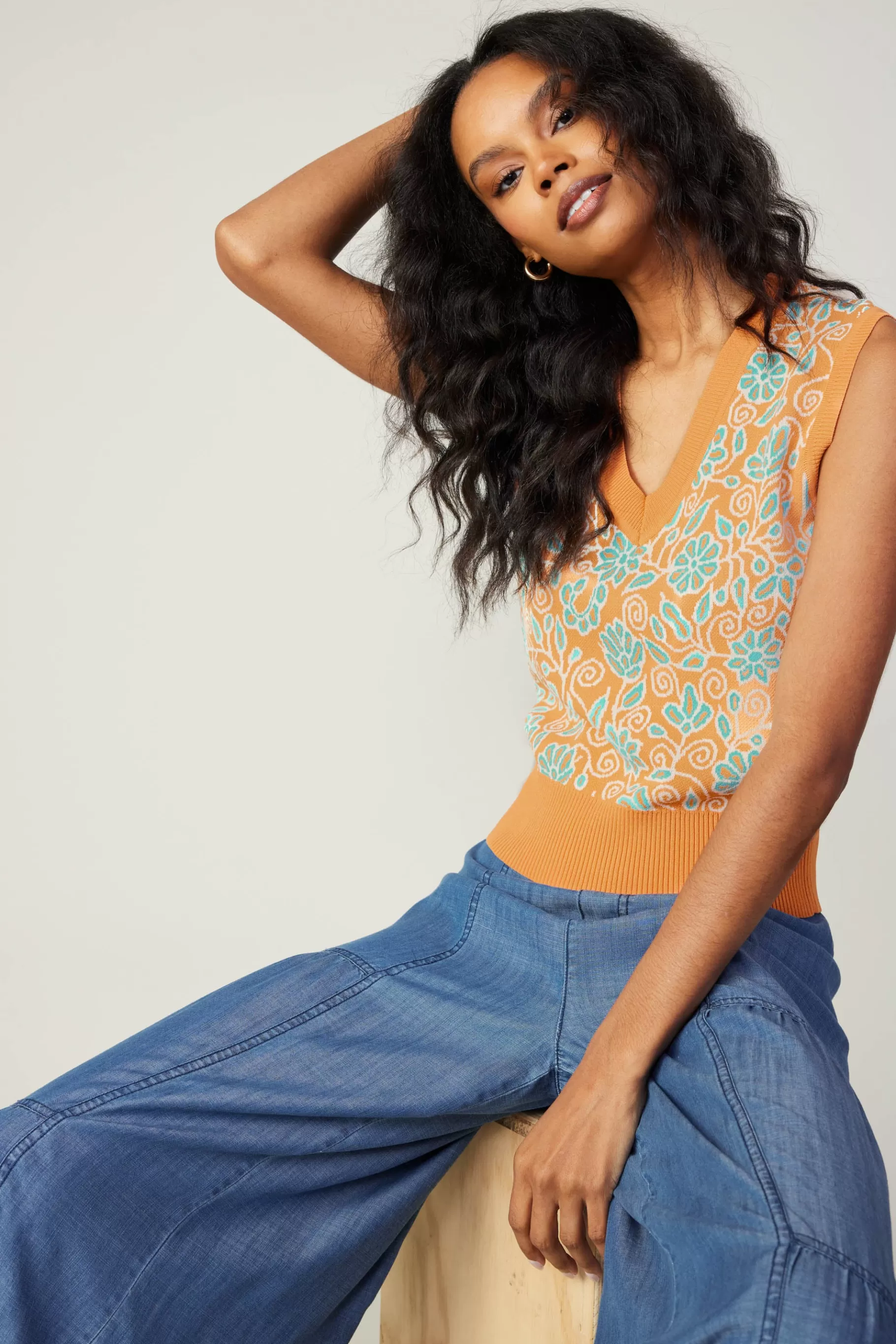 Current Air Knitwear | Sleeveless Tops>Floral Sweater Vest ORANGEMLT