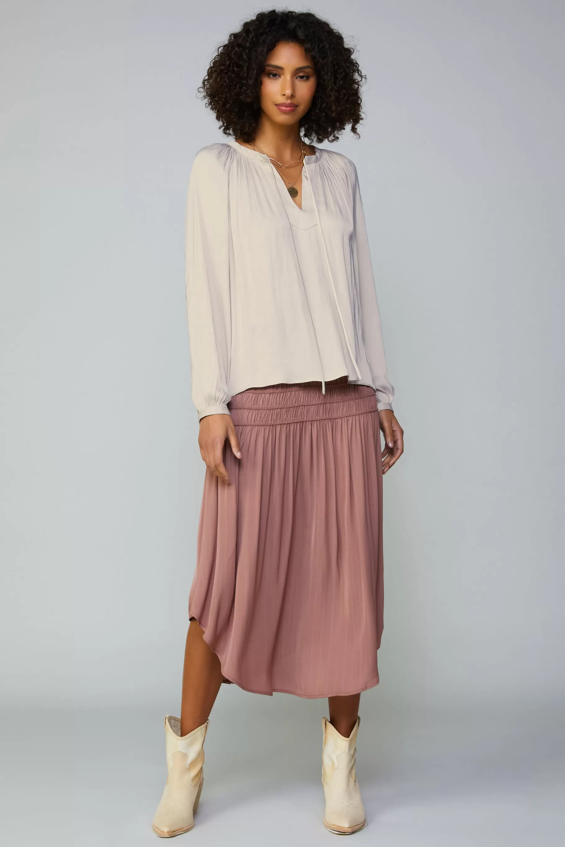 Current Air Long Sleeve Tops>Gathered Split Neck Blouse LIGHTTAUPE