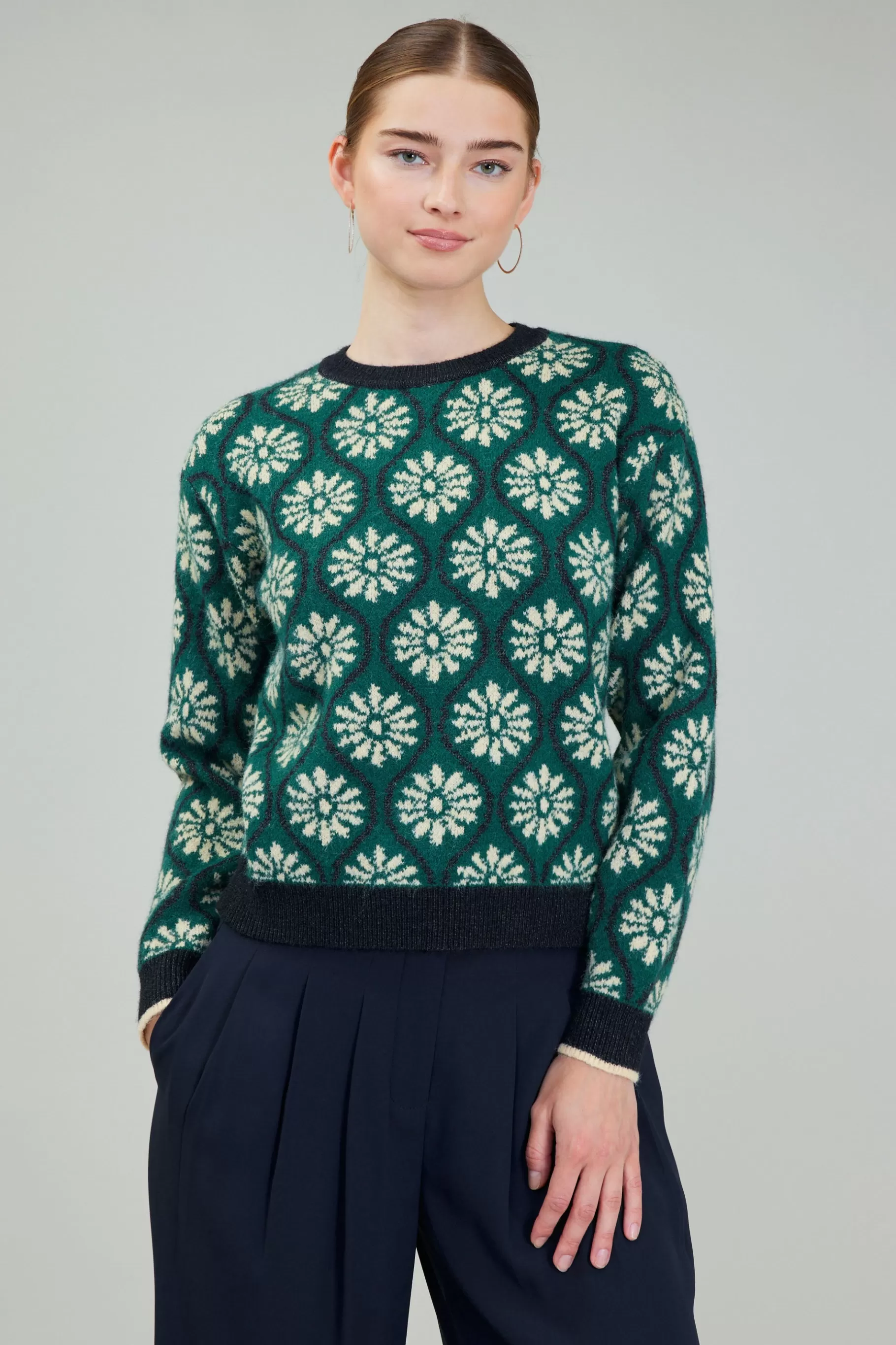 Current Air Knitwear | Long Sleeve Tops>Geo Floral Pullover Sweater GREENMLT