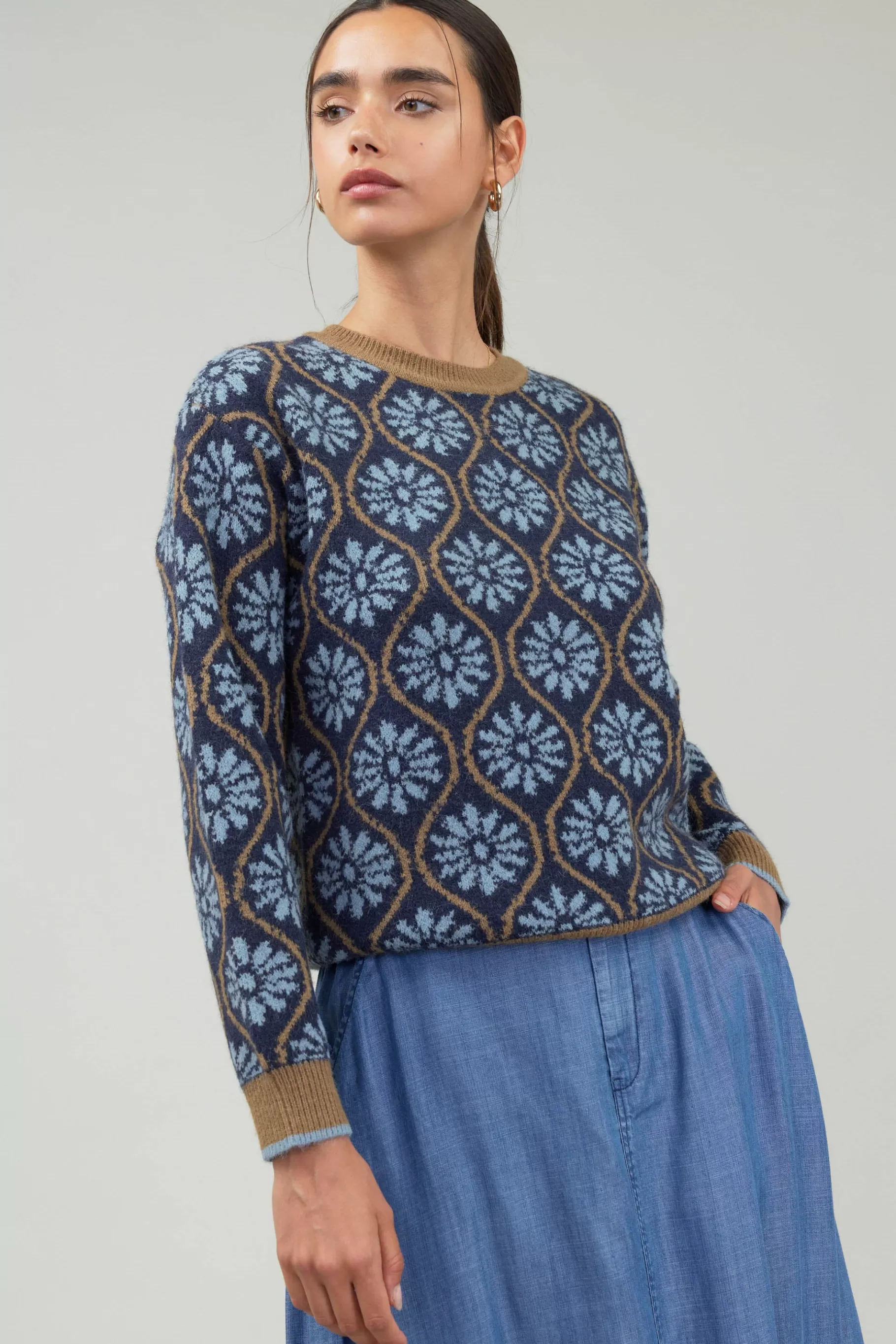 Current Air Knitwear | Long Sleeve Tops>Geo Floral Pullover Sweater BLUEMLT