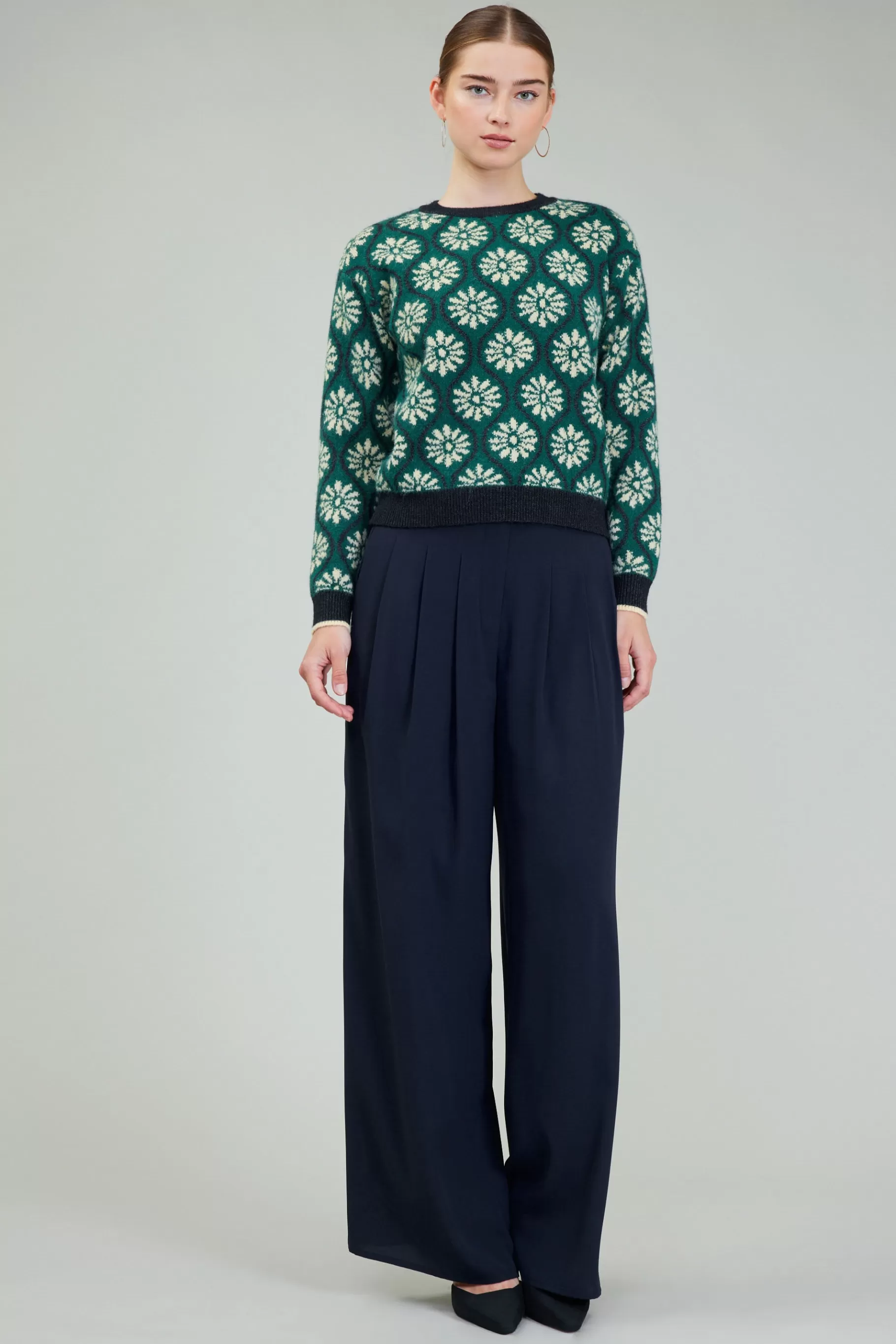 Current Air Knitwear | Long Sleeve Tops>Geo Floral Pullover Sweater GREENMLT
