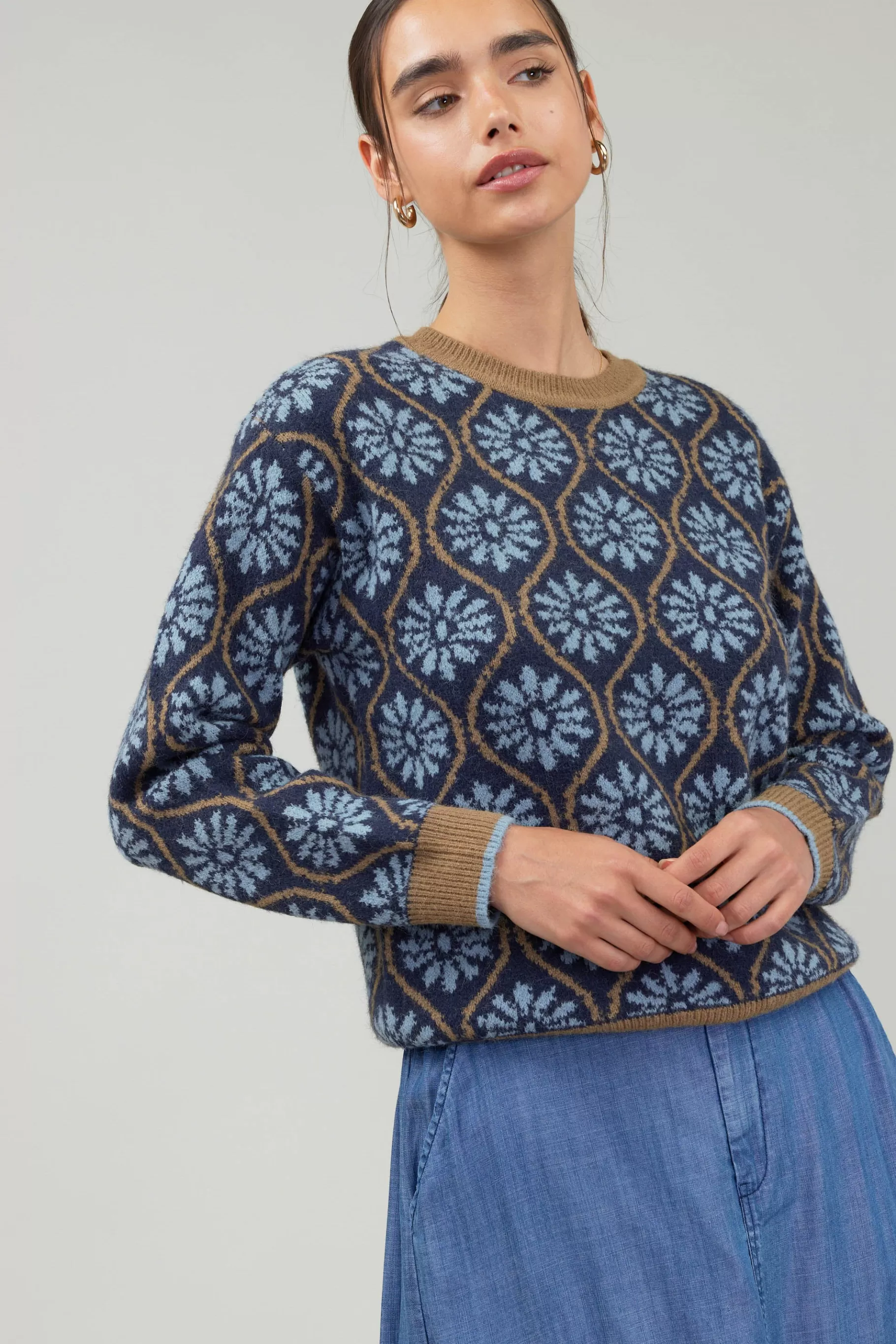 Current Air Knitwear | Long Sleeve Tops>Geo Floral Pullover Sweater BLUEMLT