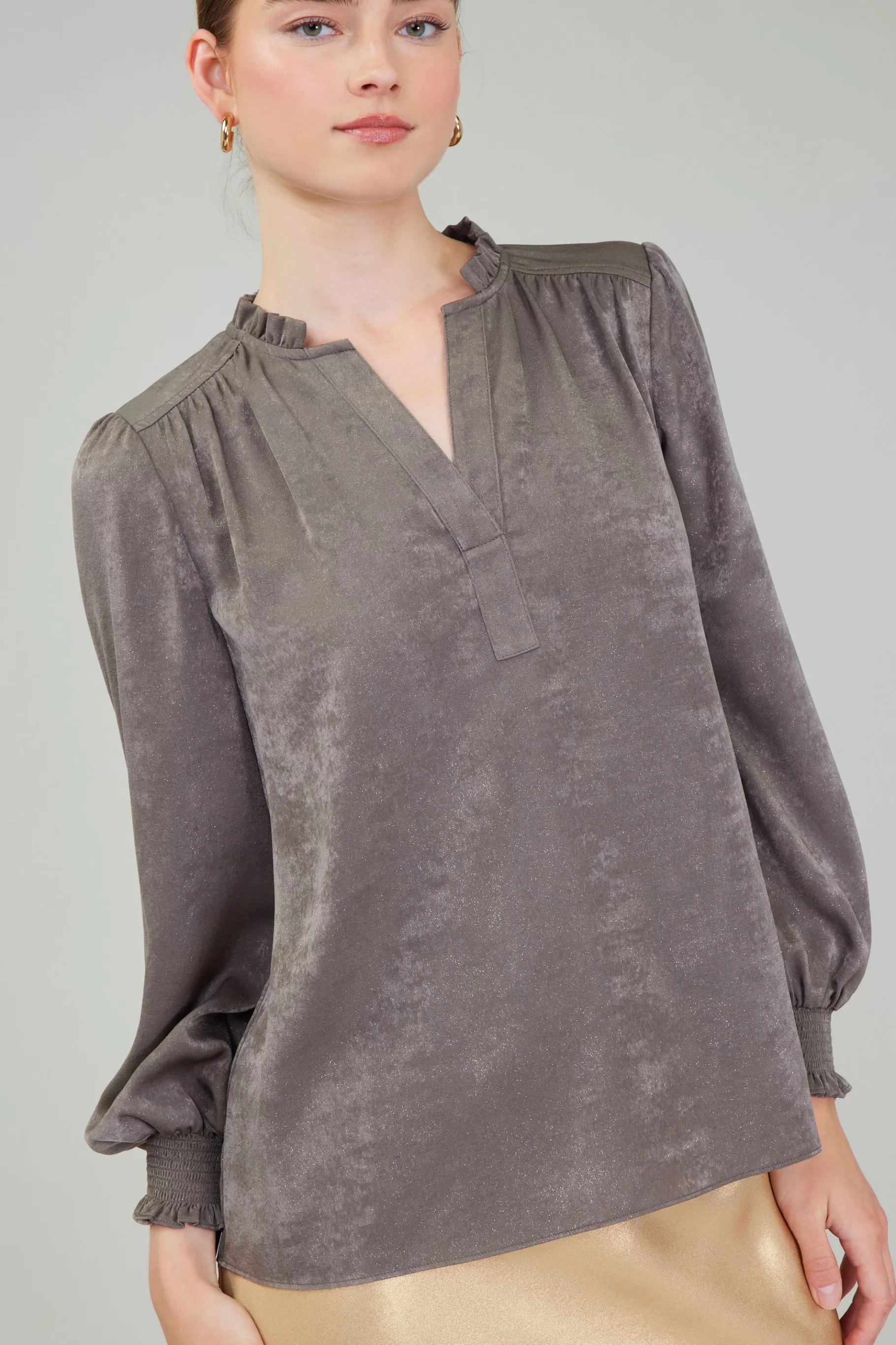 Current Air Long Sleeve Tops>Glimmer Smocked Cuff Blouse DARKOLIVE