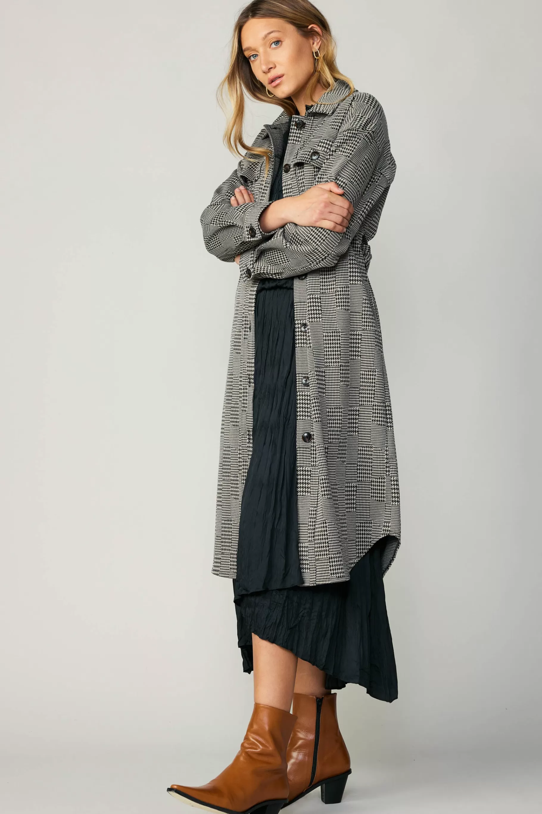 Current Air Coats & Jackets>Houndstooth Long Shacket Coat Grey