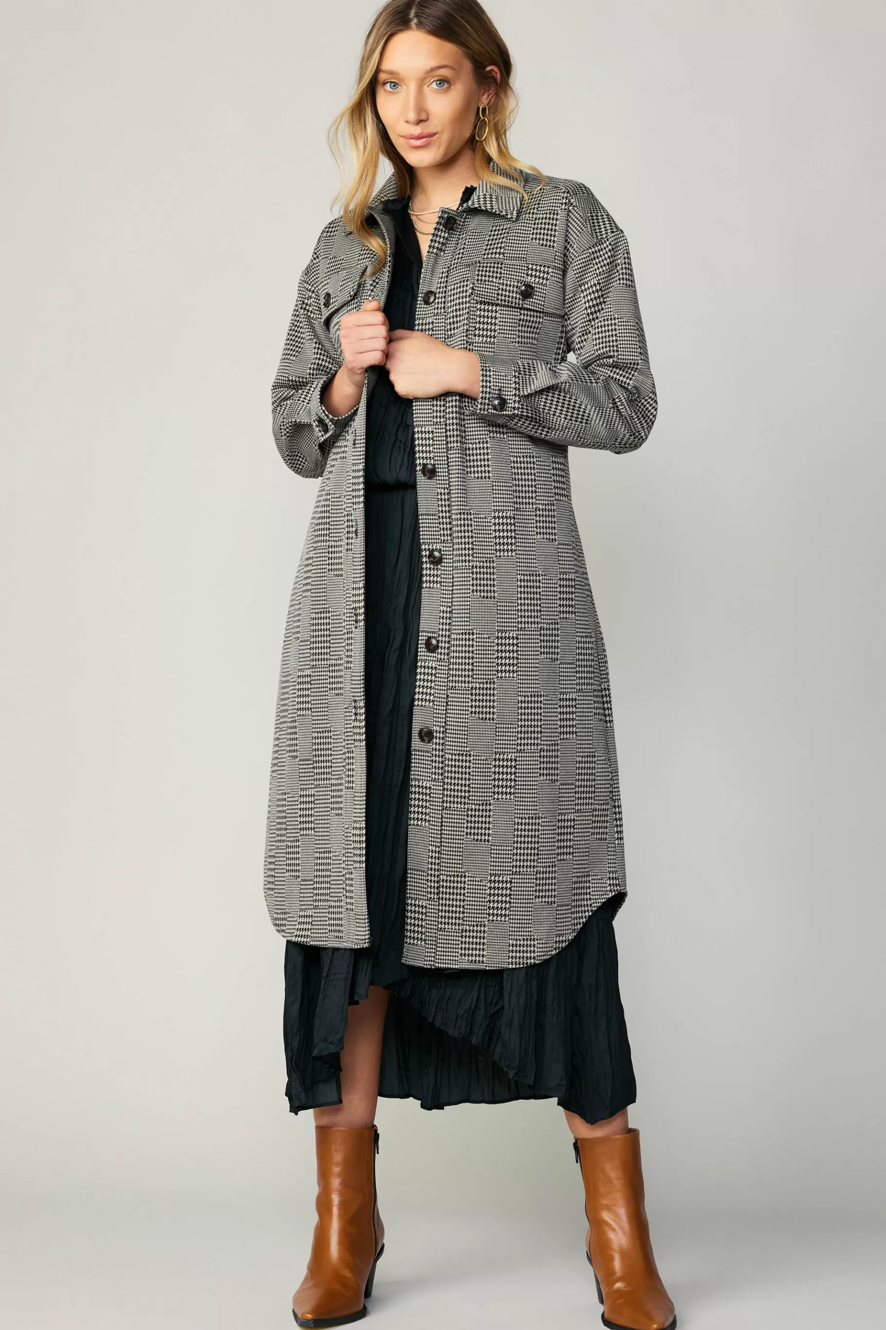 Current Air Coats & Jackets>Houndstooth Long Shacket Coat Grey