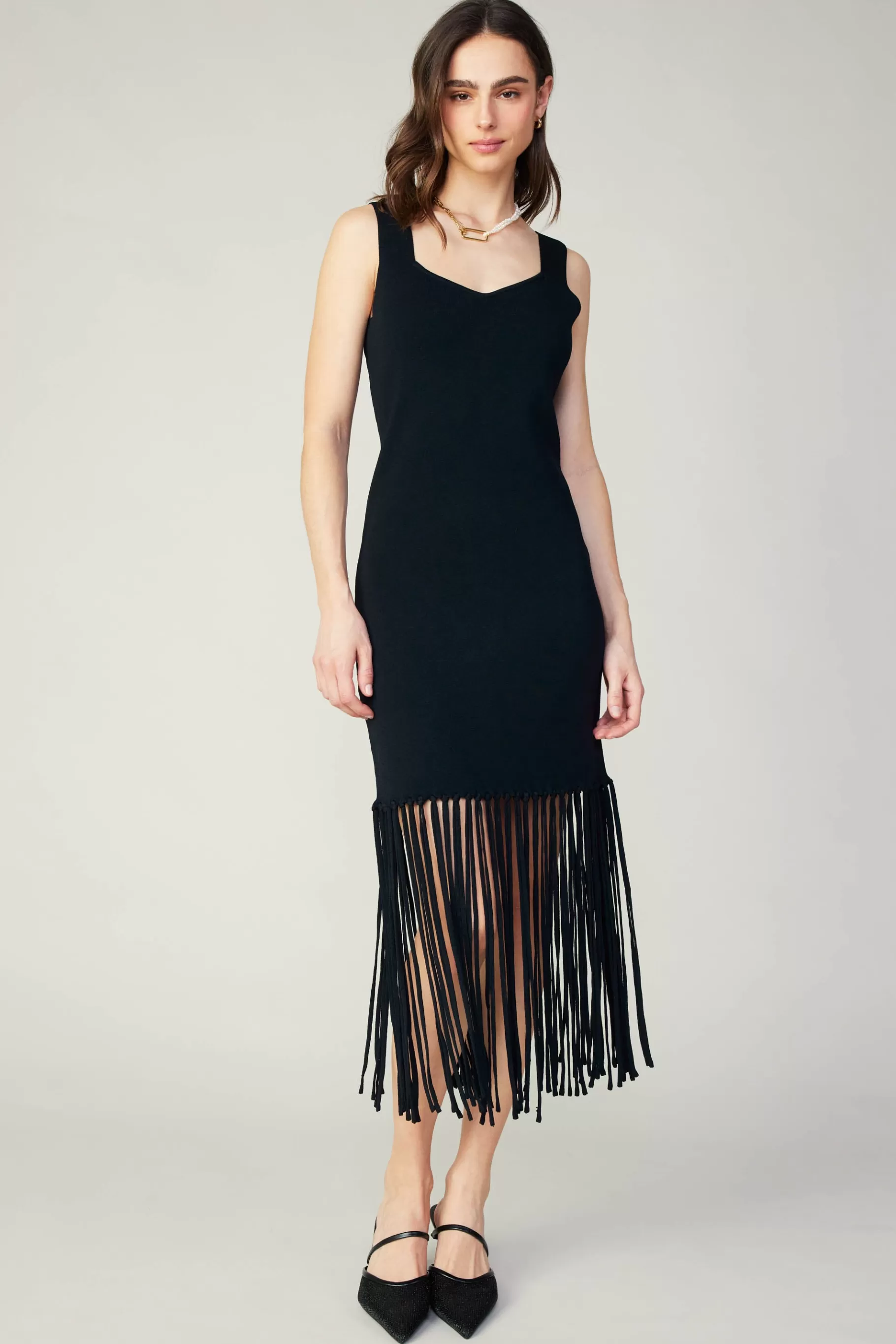 Current Air Knitwear | Midi Dresses>Knit Fringe Hem Dress BLACK