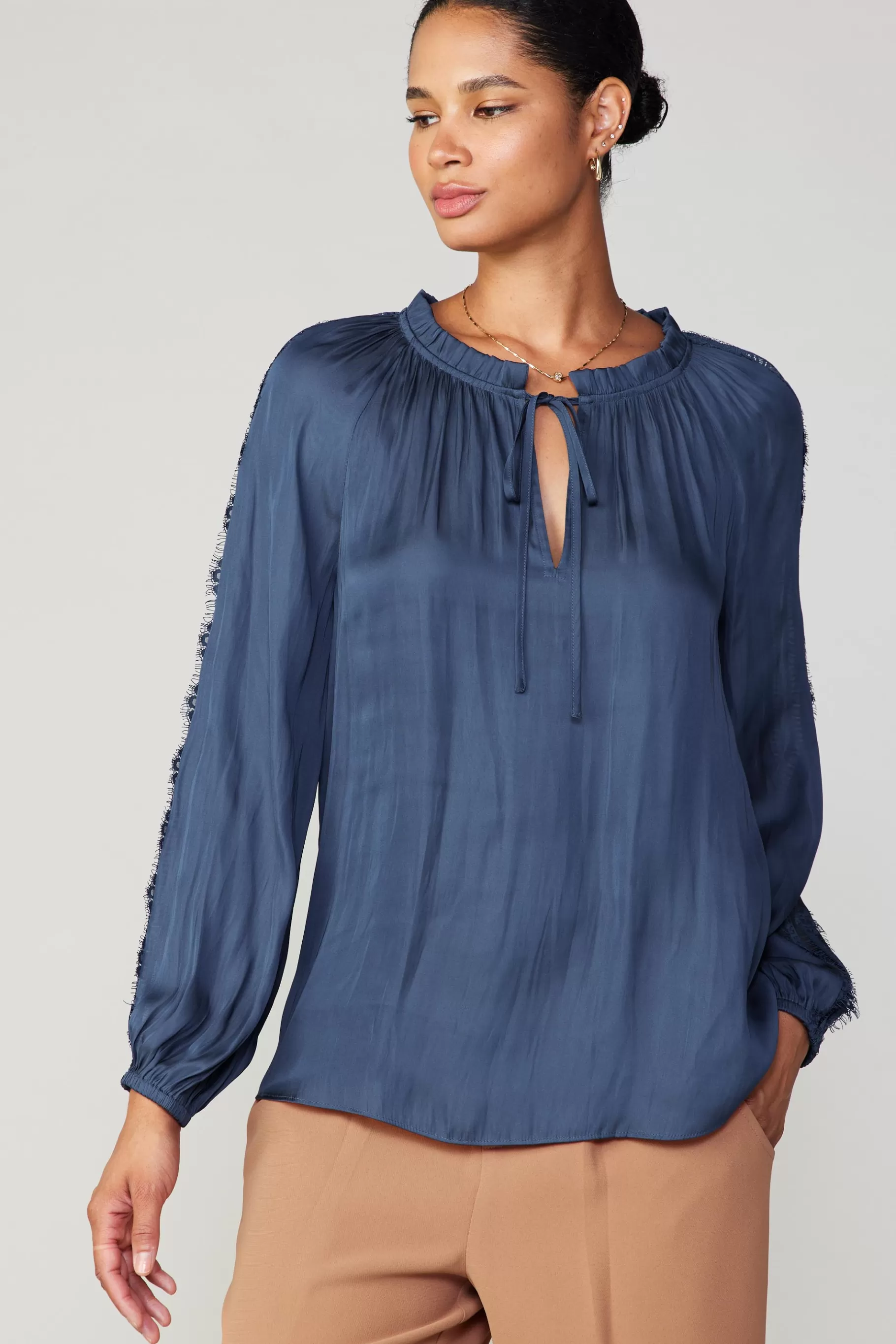 Current Air Long Sleeve Tops>Lace Panel Blouse NAVY