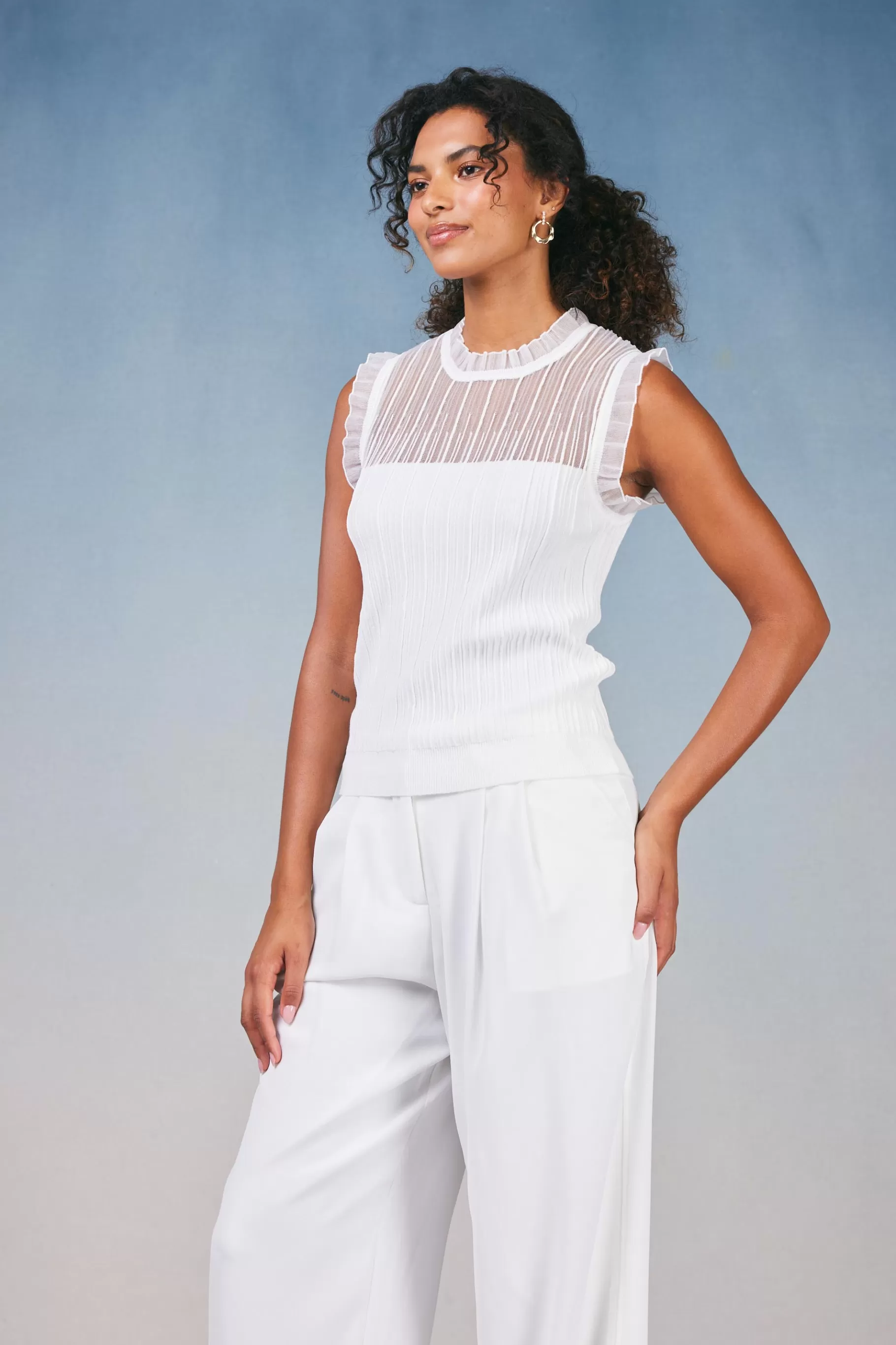 Current Air Knitwear | Sleeveless Tops>Lace Yoke Top WHITE