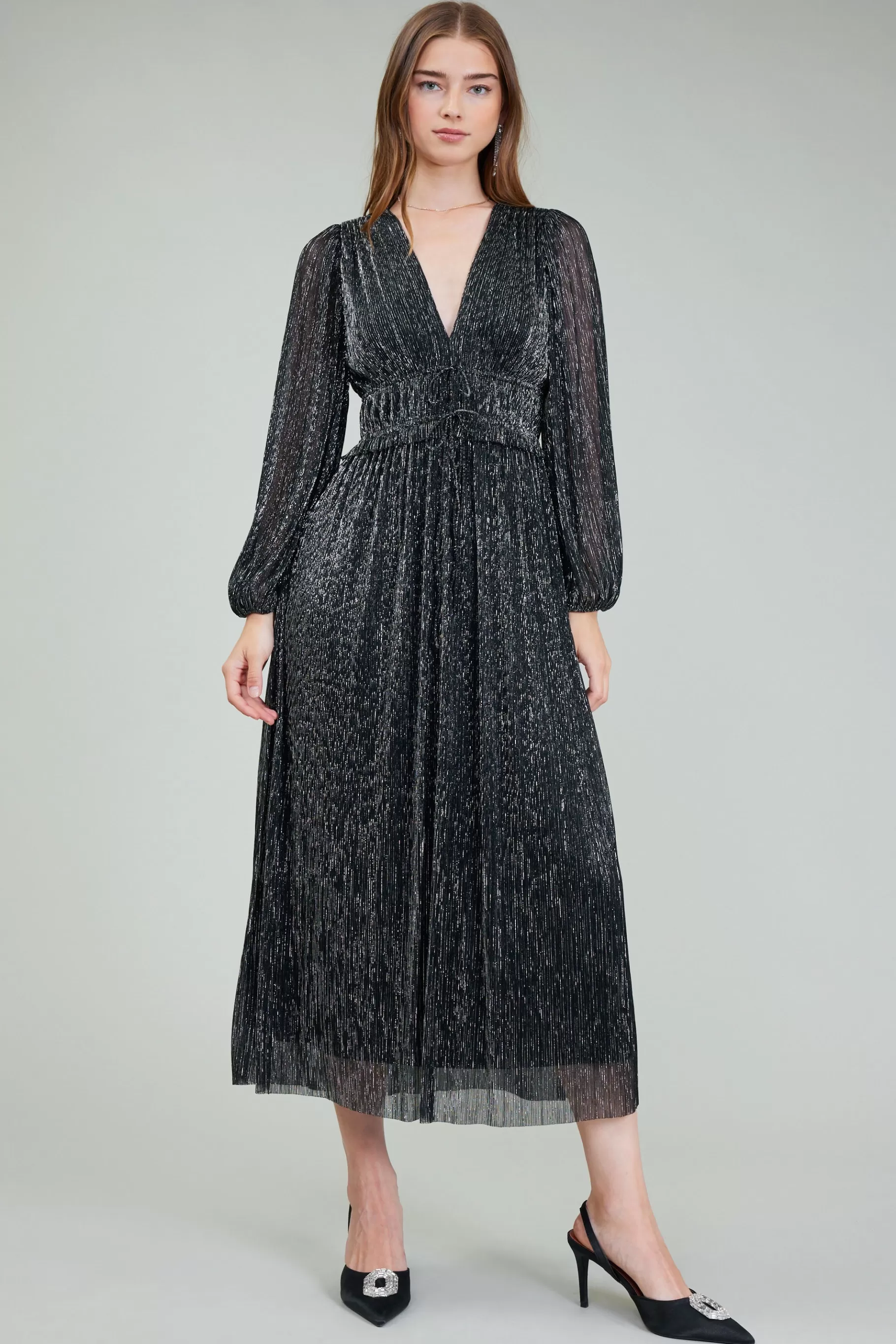 Current Air Maxi Dresses>Lurex Pleated Maxi Dress BLACK