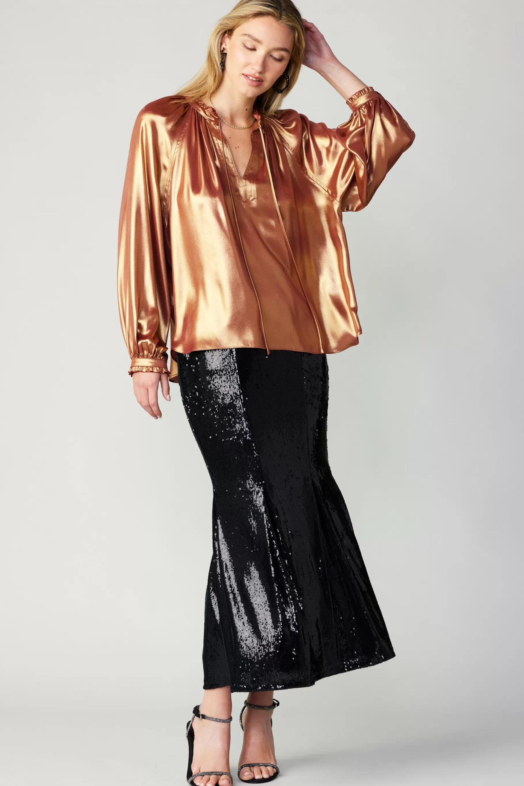 Current Air Long Sleeve Tops>Lustrous Cuffed Blouse RUST